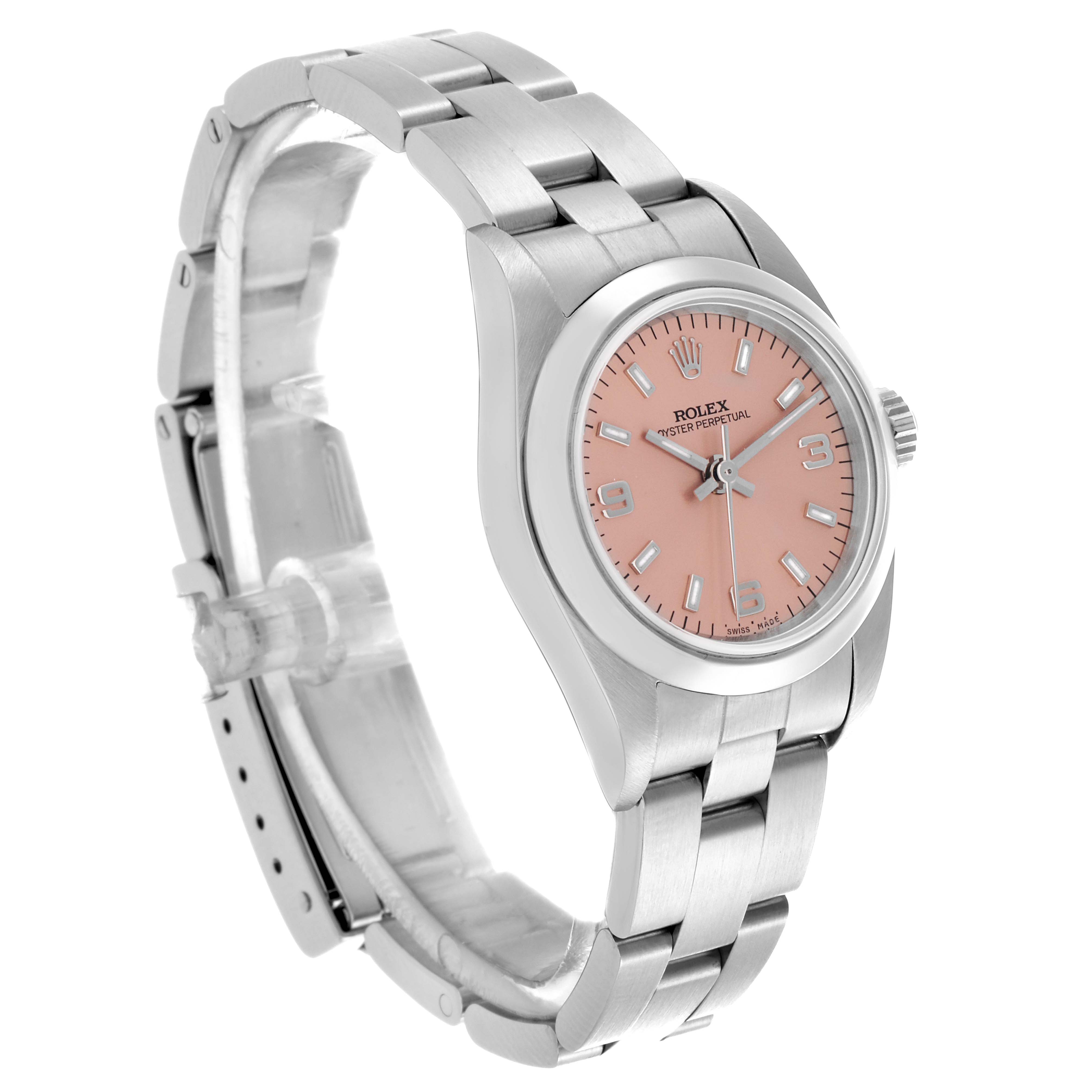 The Rolex Oyster Perpetual 76080 Women's Stainless Steel Pink Dial 76080 Women's Stainless Steel Pink Dial watch is shown at a three-quarter angle highlighting the dial, bezel, and bracelet.