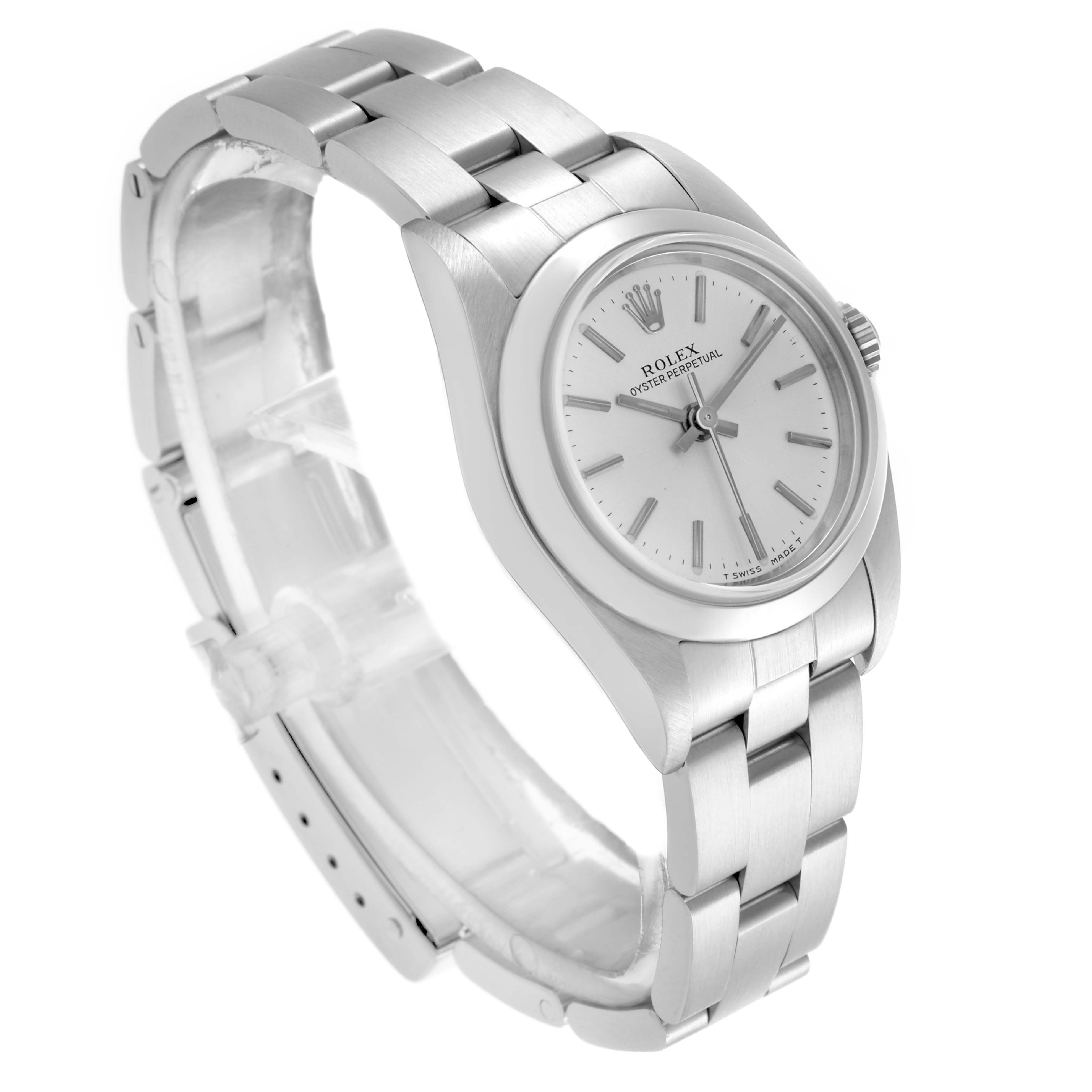 The Rolex Oyster Perpetual 76080 Women's Stainless Steel Silver Dial 76080 Women's Stainless Steel Silver Dial watch is shown at a three-quarter angle, displaying the face, bezel, and part of the bracelet.
