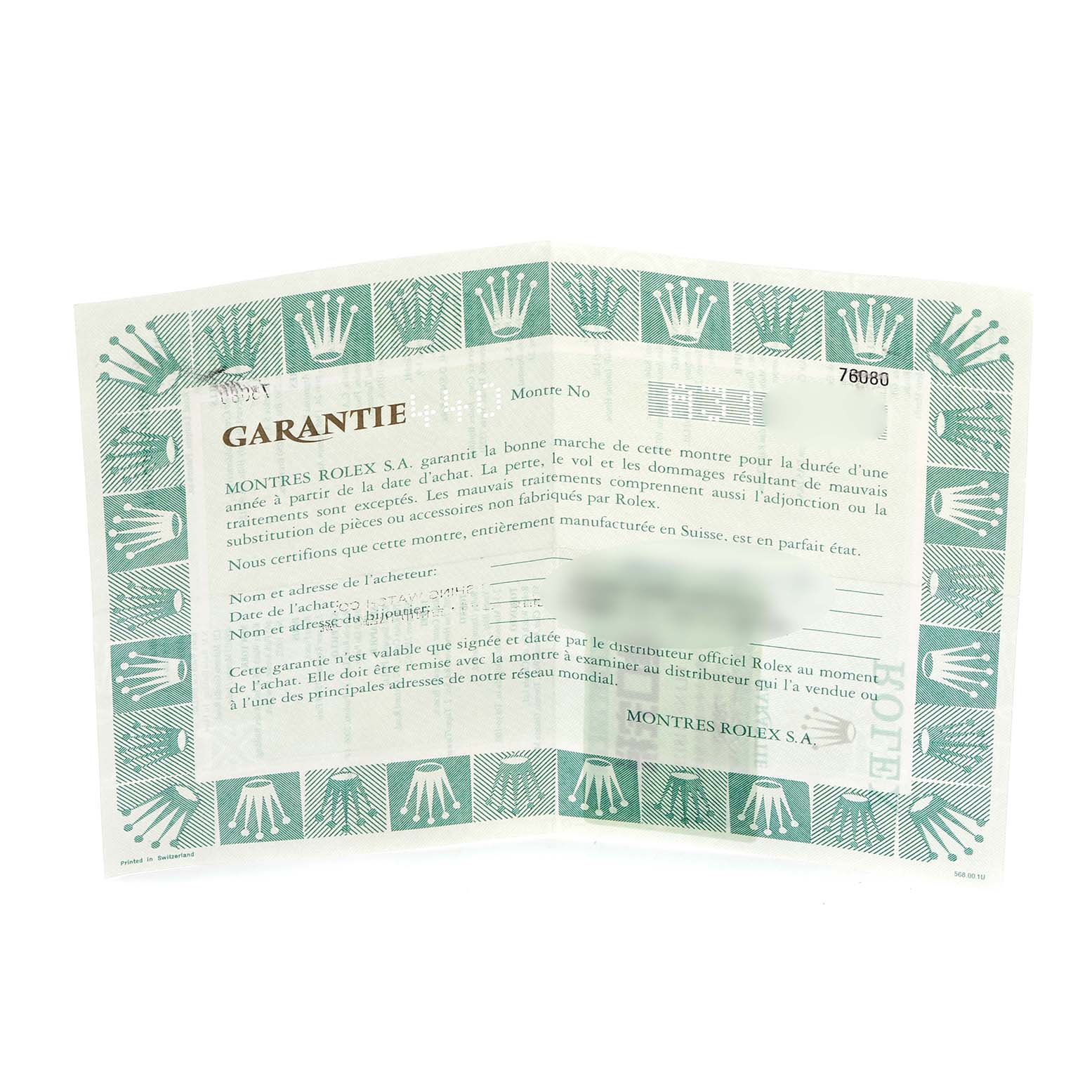 The image shows the warranty certificate for a Rolex Oyster Perpetual 76080 Women's Stainless Steel Silver Dial 76080 Women's Stainless Steel Silver Dial watch.