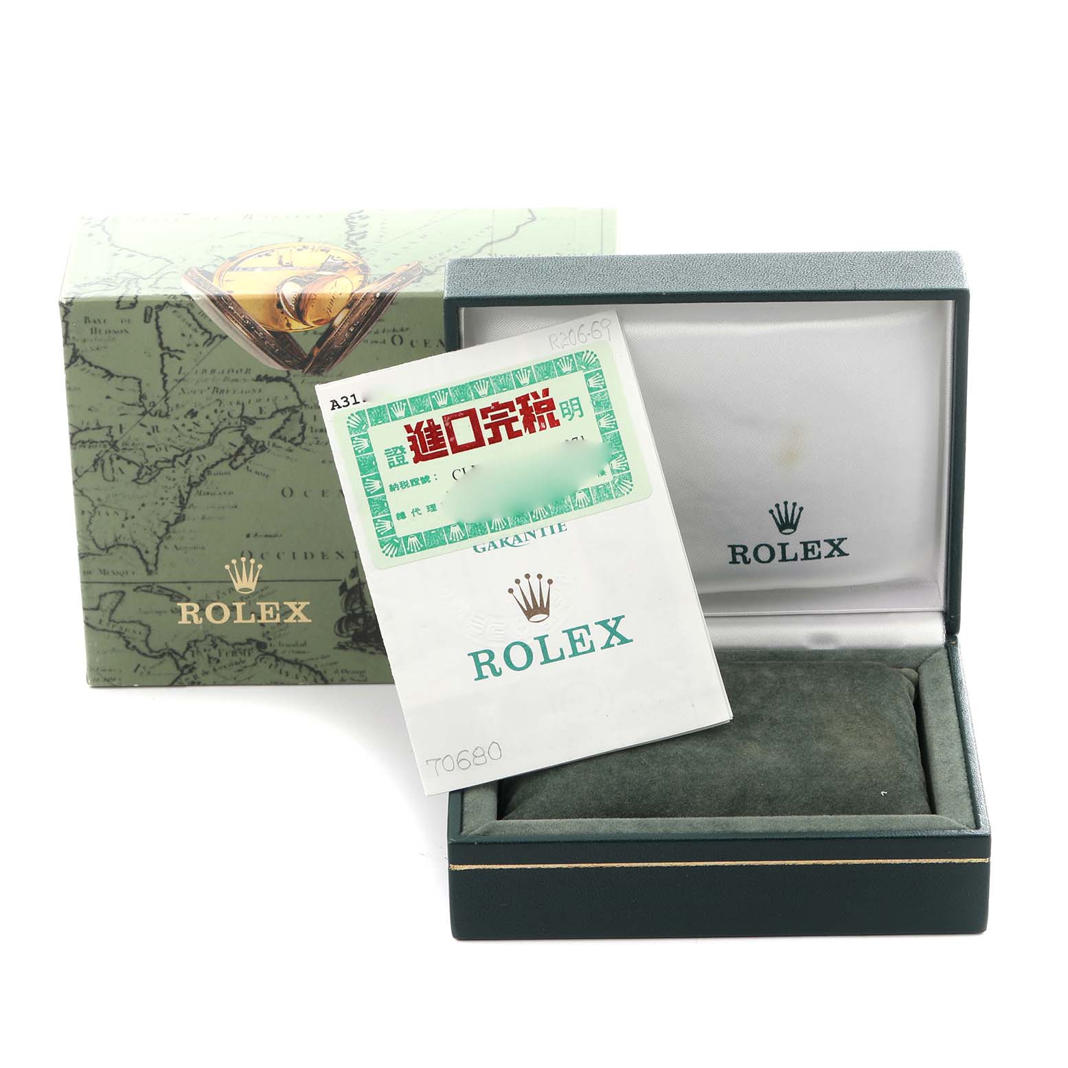 The image shows a Rolex Oyster Perpetual 76080 Women's Stainless Steel Silver Dial 76080 Women's Stainless Steel Silver Dial watch box, outer packaging, and paperwork at a slight angle.
