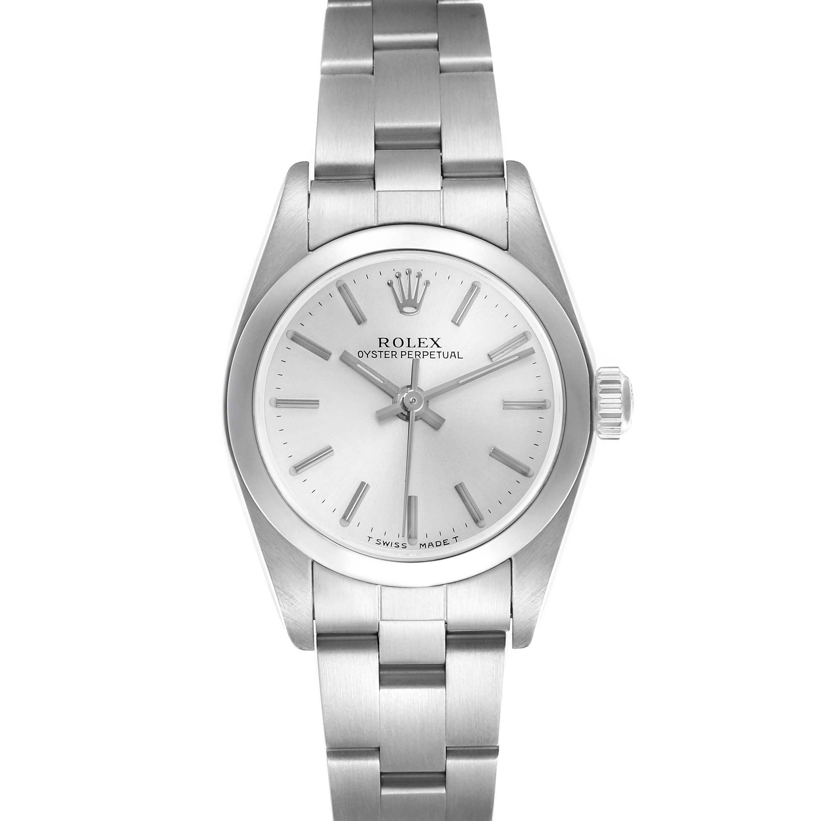 The Rolex Oyster Perpetual 76080 Women's Stainless Steel Silver Dial 76080 Women's Stainless Steel Silver Dial watch is shown from the front, displaying its dial, bezel, and bracelet.