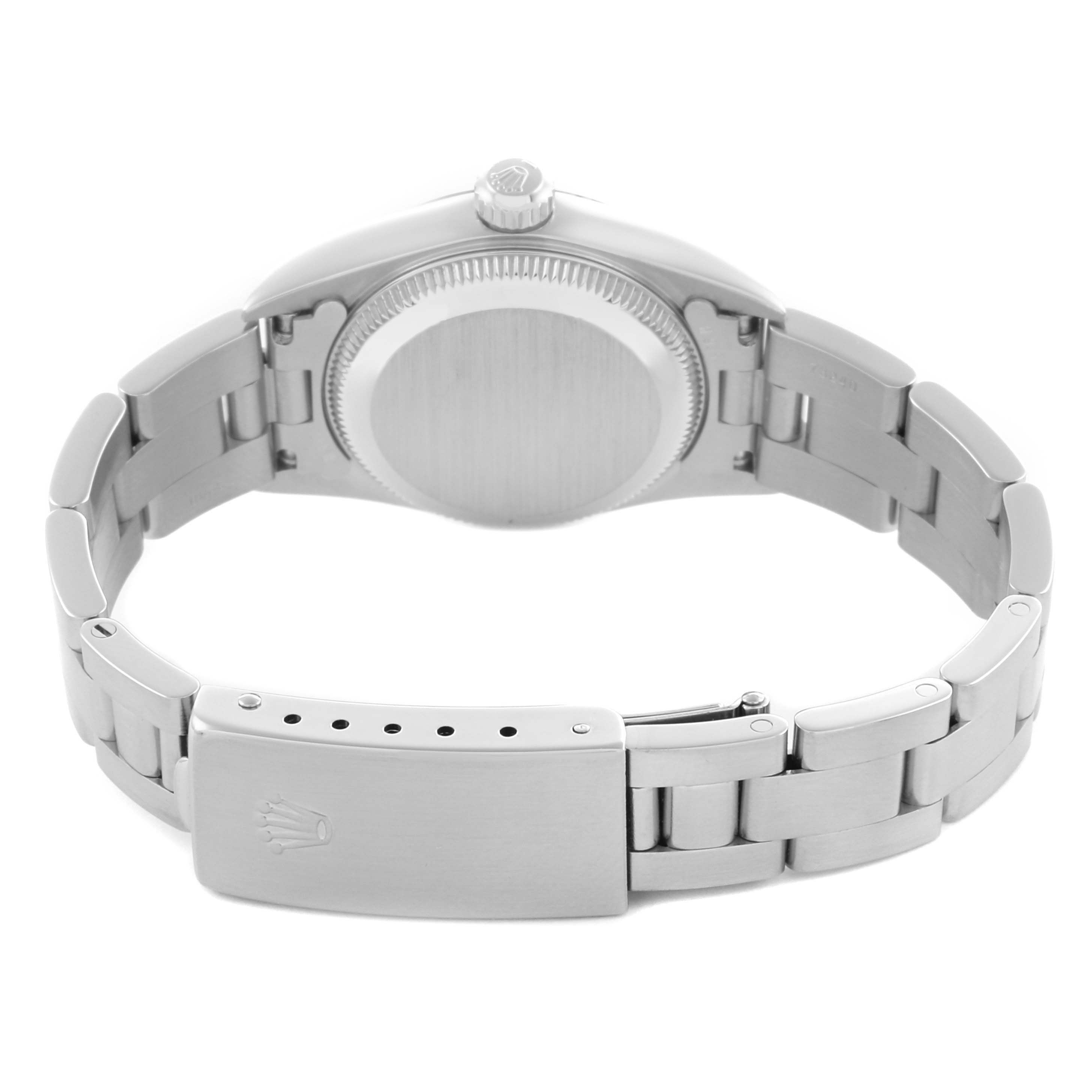 The image shows the back view of a Rolex Oyster Perpetual 76080 Women's Stainless Steel Silver Dial 76080 Women's Stainless Steel Silver Dial watch, highlighting the bracelet and clasp.