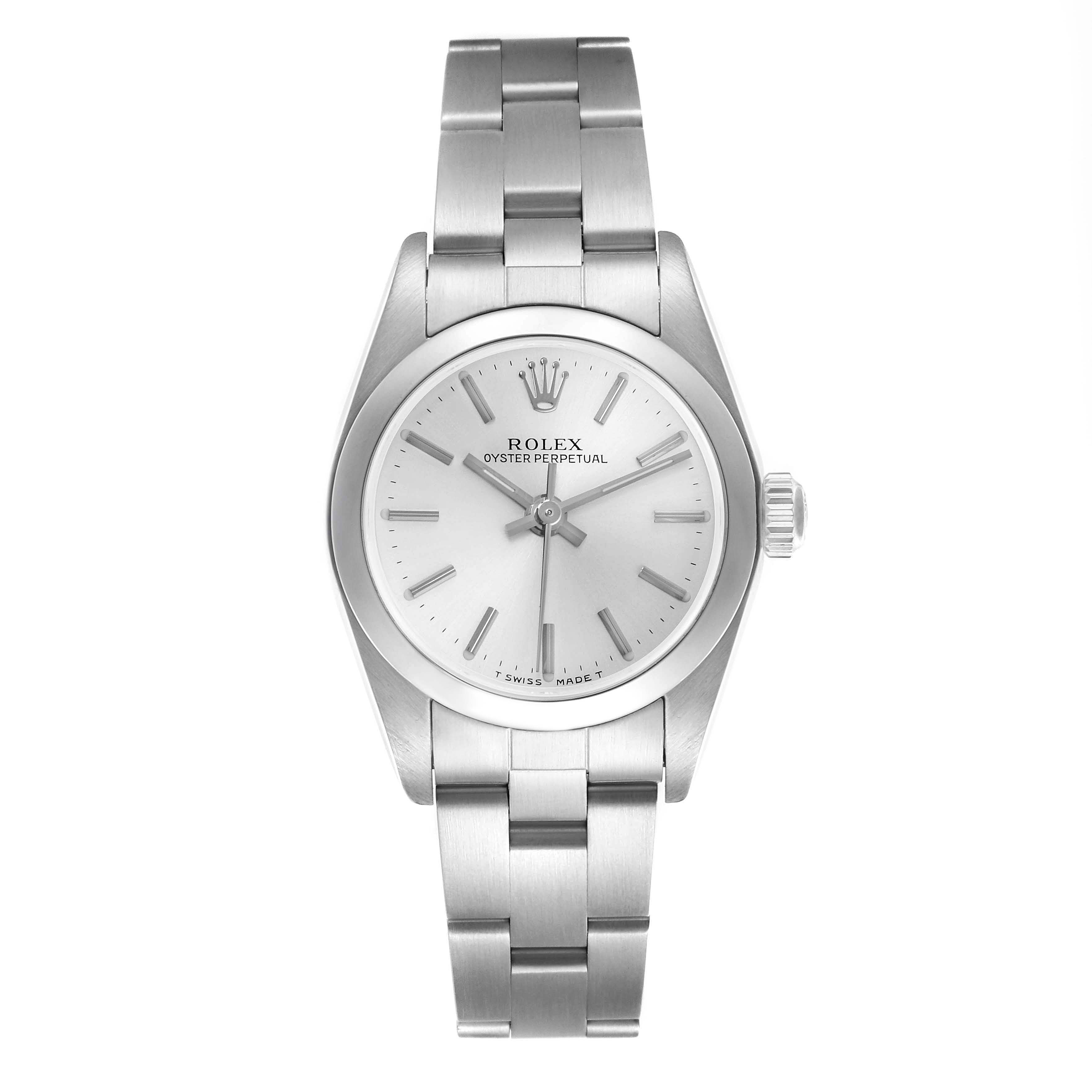 The Rolex Oyster Perpetual 76080 Women's Stainless Steel Silver Dial 76080 Women's Stainless Steel Silver Dial watch is shown from a top view, displaying its dial, bezel, and bracelet.