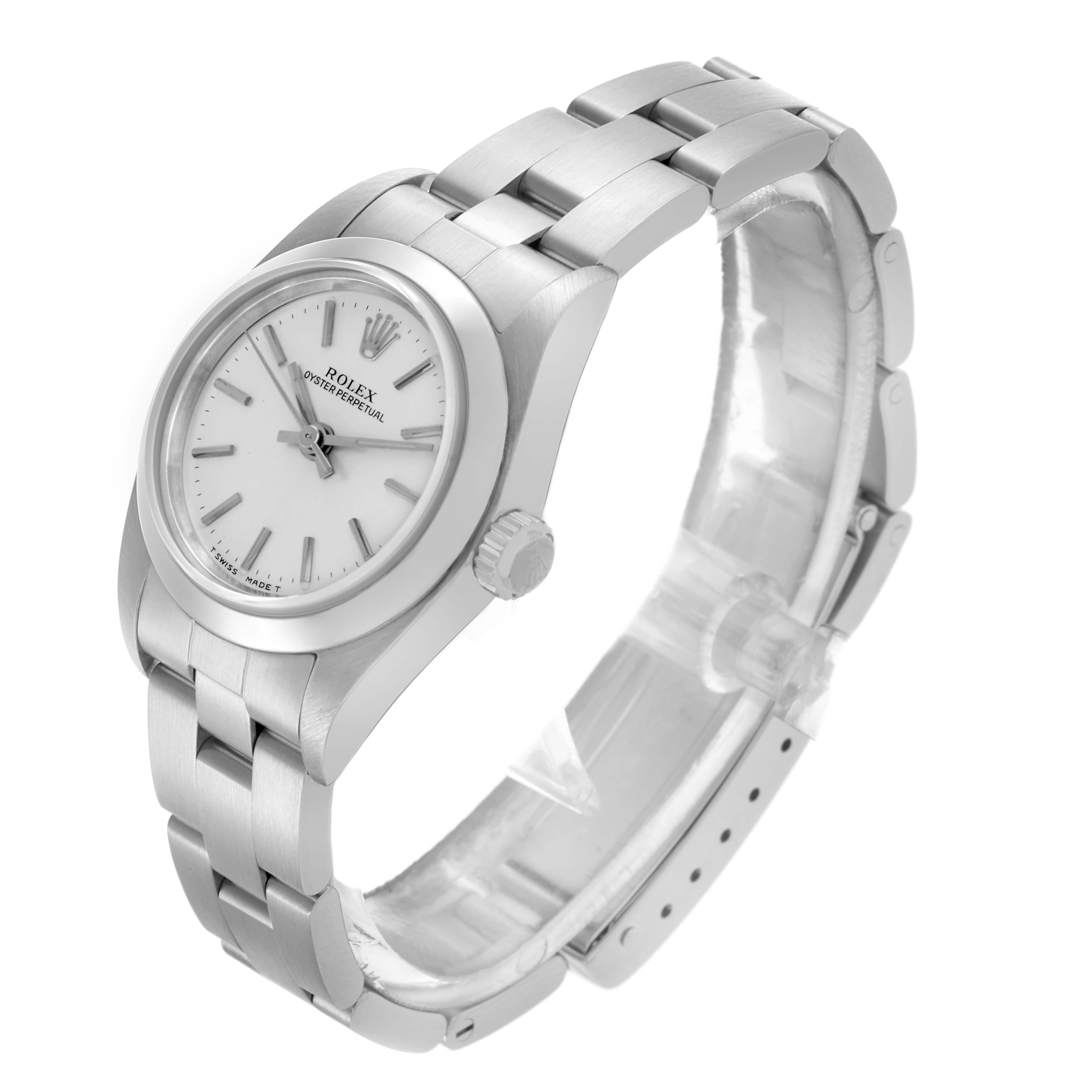 The Rolex Oyster Perpetual 76080 Women's Stainless Steel Silver Dial 76080 Women's Stainless Steel Silver Dial watch is shown at a three-quarter angle showcasing the face, crown, and part of the bracelet.