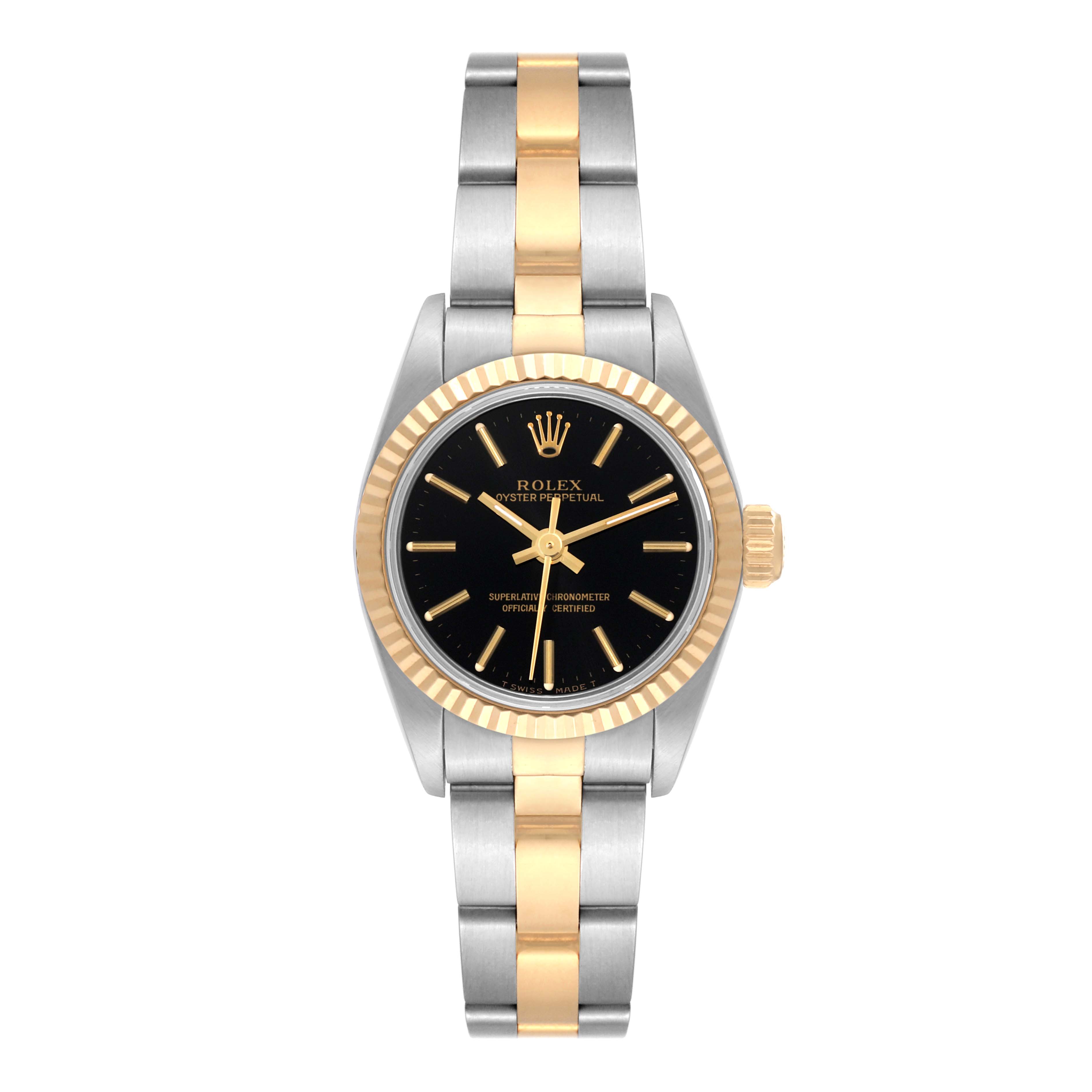 This Rolex Oyster Perpetual 67193 Women's Steel and Gold (two tone) Black Dial 67193 Women's Steel and Gold (two tone) Black Dial watch is displayed from a front angle, showing the face, bezel, and two-tone bracelet.