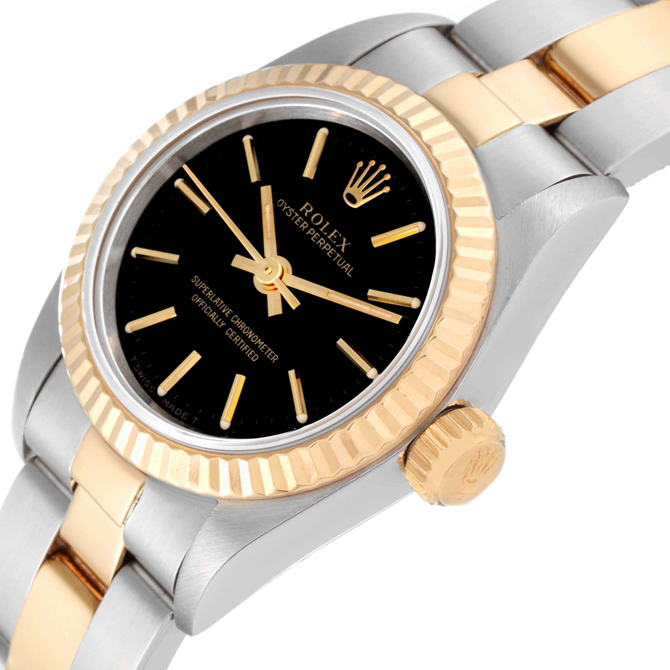 The image shows a close-up side angle of a Rolex Oyster Perpetual 67193 Women's Steel and Gold (two tone) Black Dial 67193 Women's Steel and Gold (two tone) Black Dial watch, highlighting its black dial, gold bezel, and part of the bracelet.