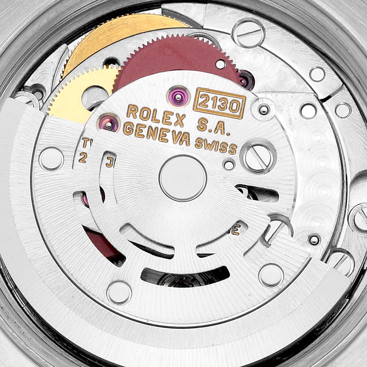 The image shows a close-up of the internal mechanism of a Rolex Oyster Perpetual 67193 Women's Steel and Gold (two tone) Black Dial 67193 Women's Steel and Gold (two tone) Black Dial watch.