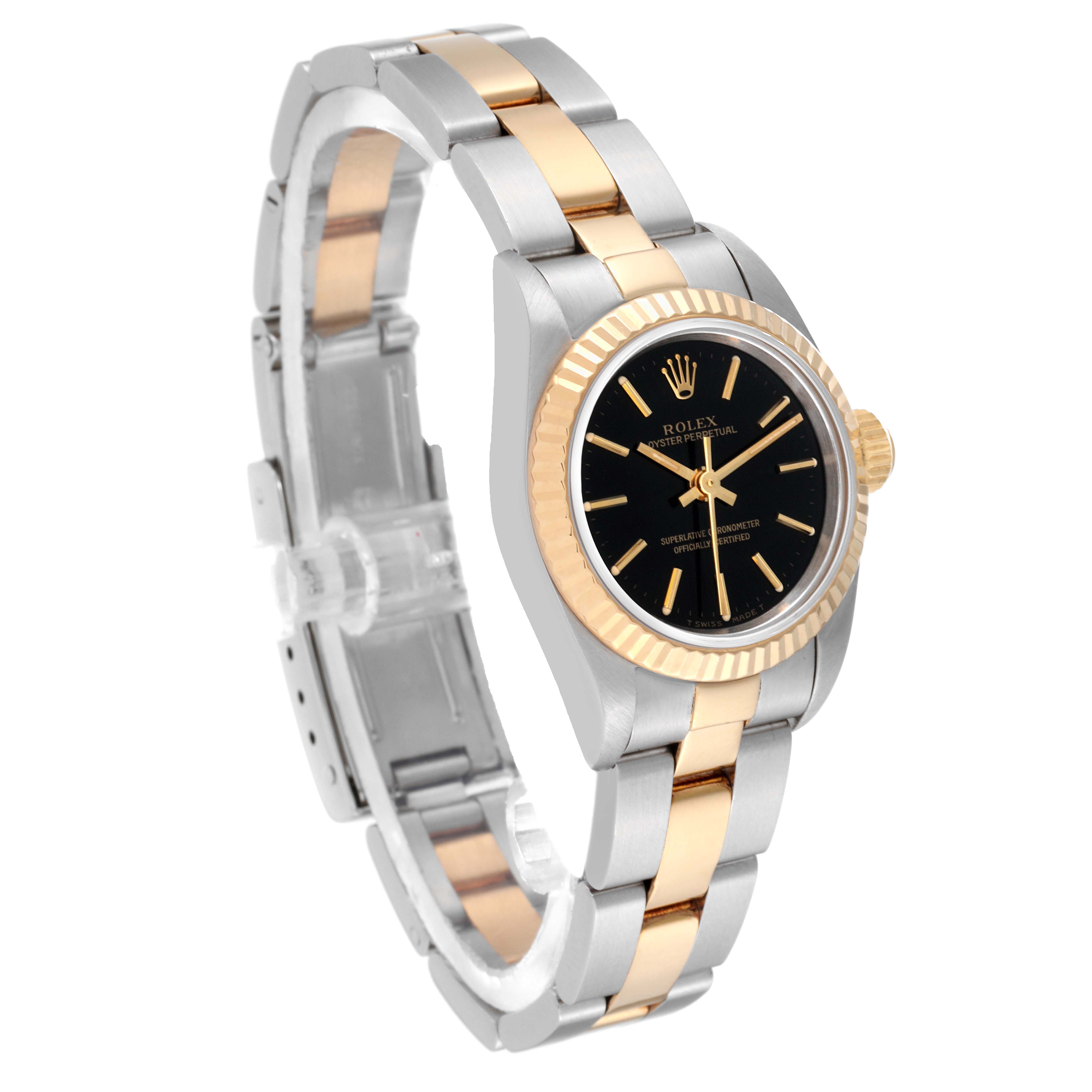 The Rolex Oyster Perpetual 67193 Women's Steel and Gold (two tone) Black Dial 67193 Women's Steel and Gold (two tone) Black Dial watch is shown at a slight angle, highlighting its gold bezel, black dial, and two-tone metal bracelet.