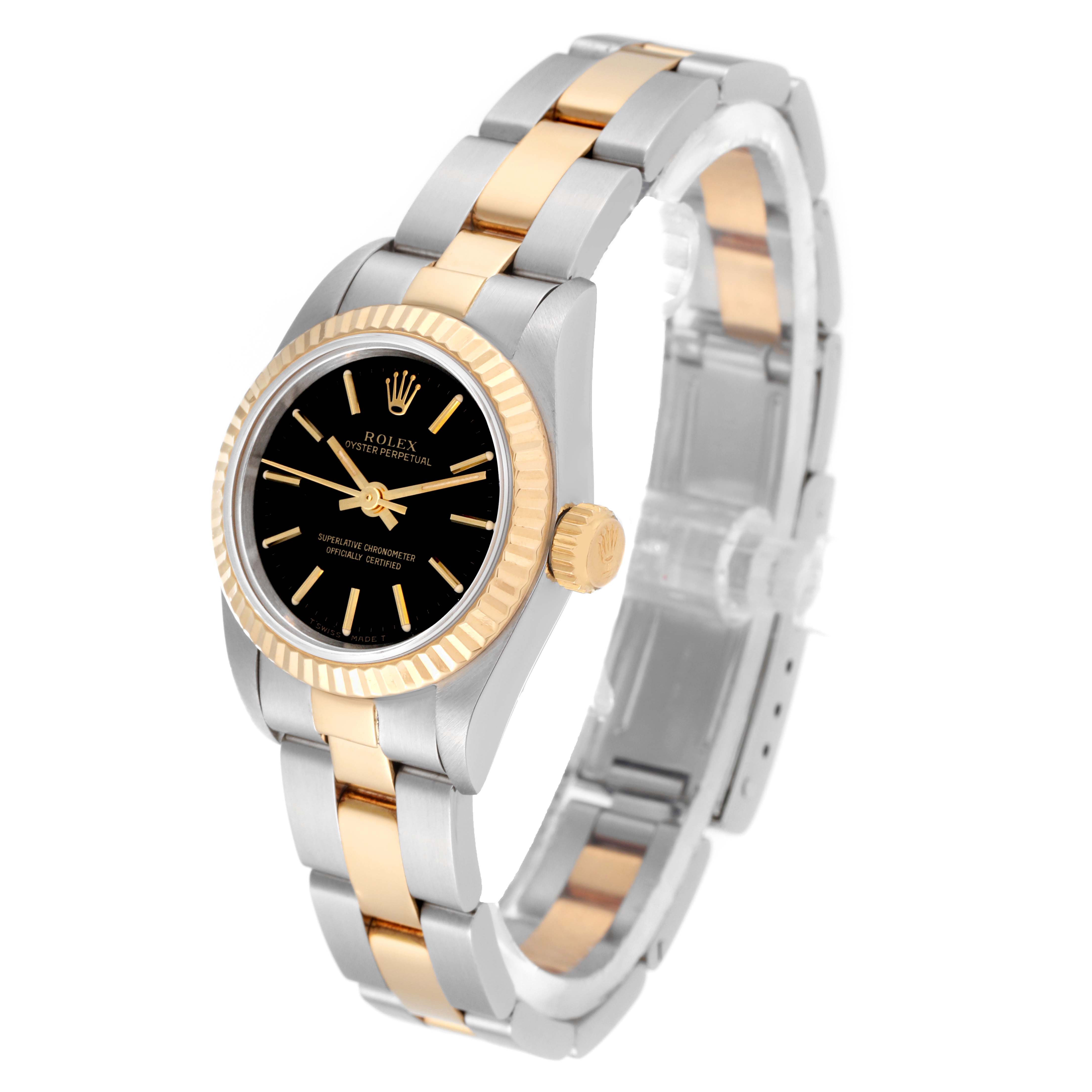The image shows a Rolex Oyster Perpetual 67193 Women's Steel and Gold (two tone) Black Dial 67193 Women's Steel and Gold (two tone) Black Dial watch at a three-quarter angle, highlighting its two-tone bracelet, black dial, and fluted bezel.