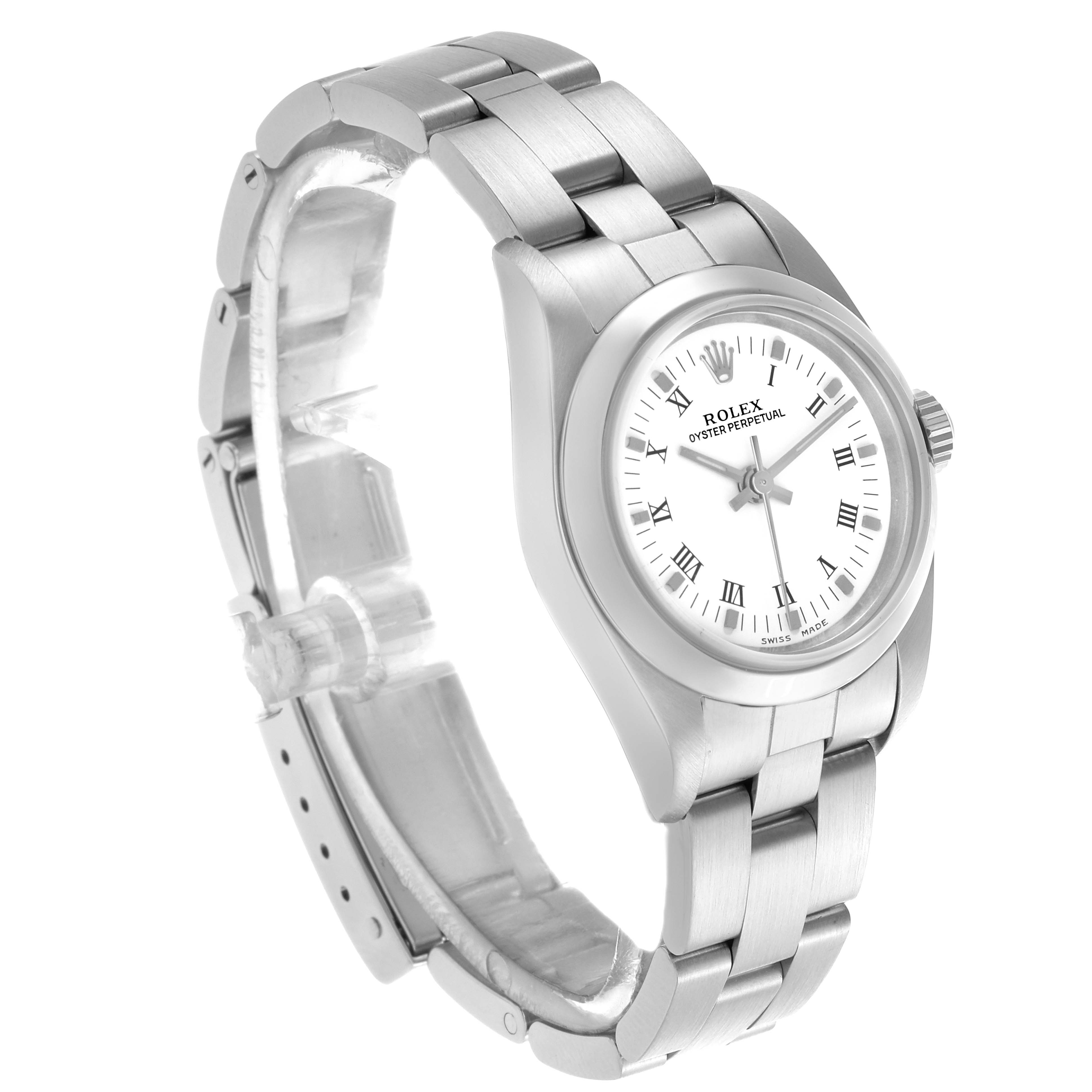 The Rolex Oyster Perpetual 76080 Women's Stainless Steel White Dial 76080 Women's Stainless Steel White Dial watch is shown at a three-quarter angle, highlighting the bracelet, case, and dial.