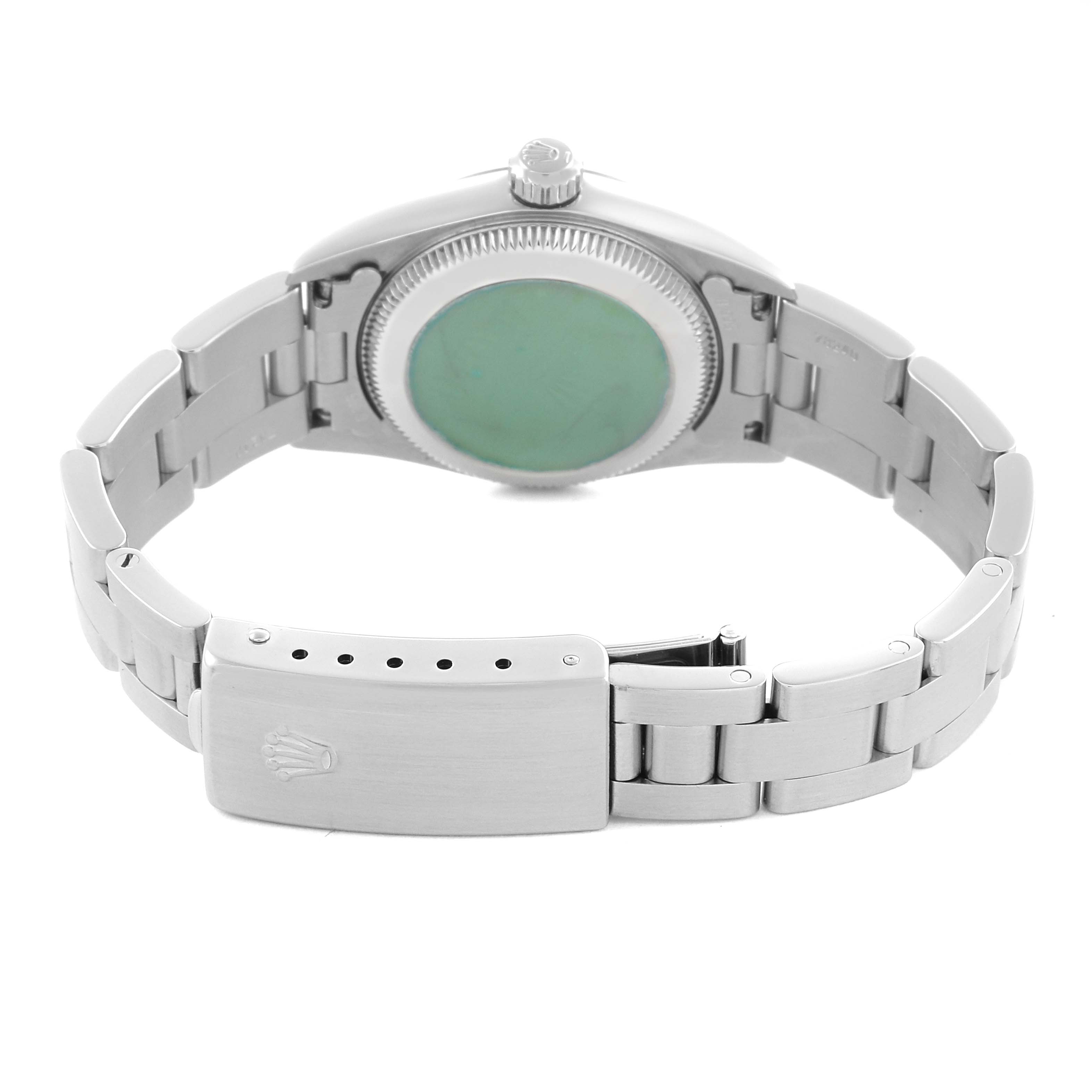 The image shows the back view of a Rolex Oyster Perpetual 76080 Women's Stainless Steel White Dial 76080 Women's Stainless Steel White Dial watch, highlighting the clasp, bracelet, and case back.