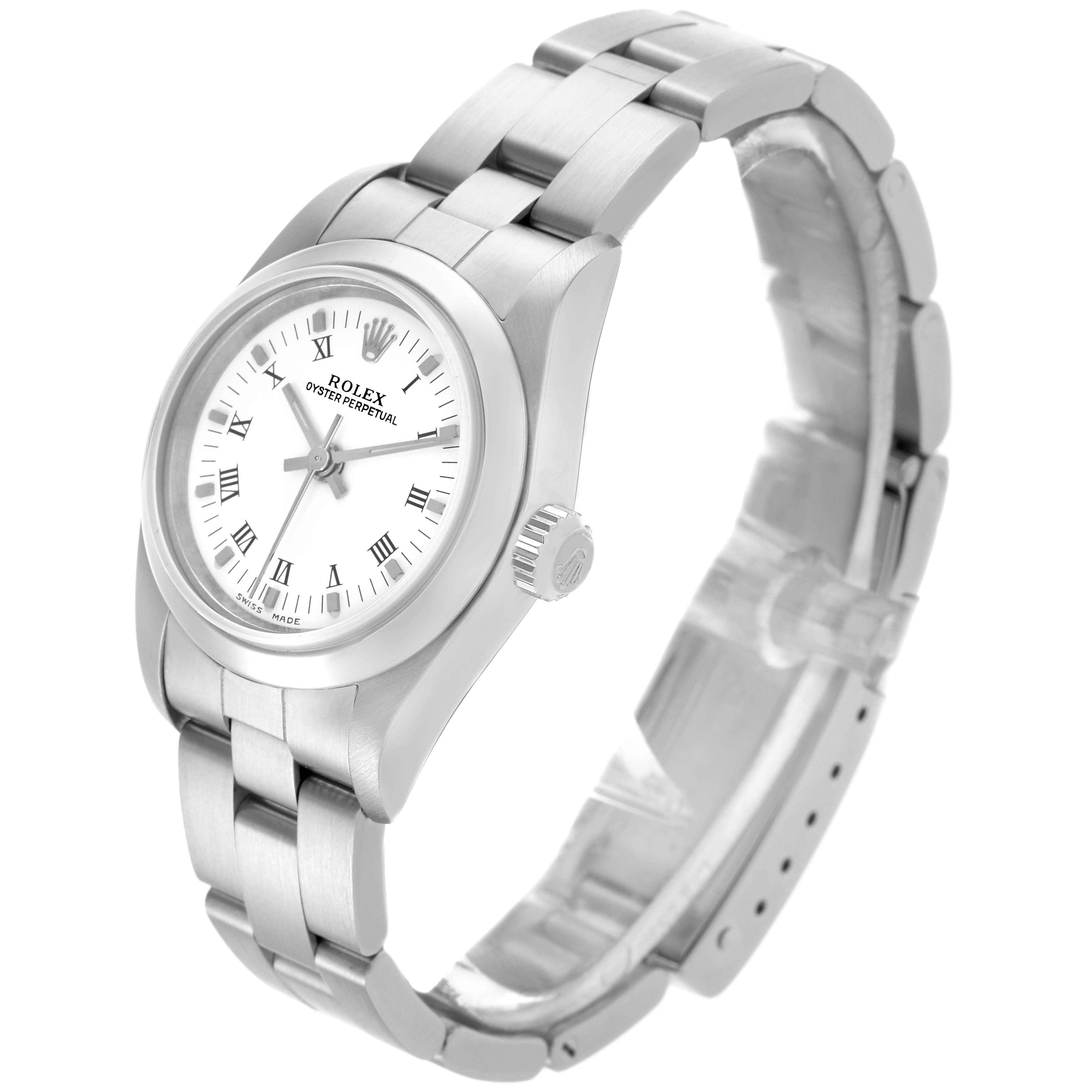 The Rolex Oyster Perpetual 76080 Women's Stainless Steel White Dial 76080 Women's Stainless Steel White Dial watch is shown from a right-front angle, highlighting the dial, bezel, crown, and bracelet.