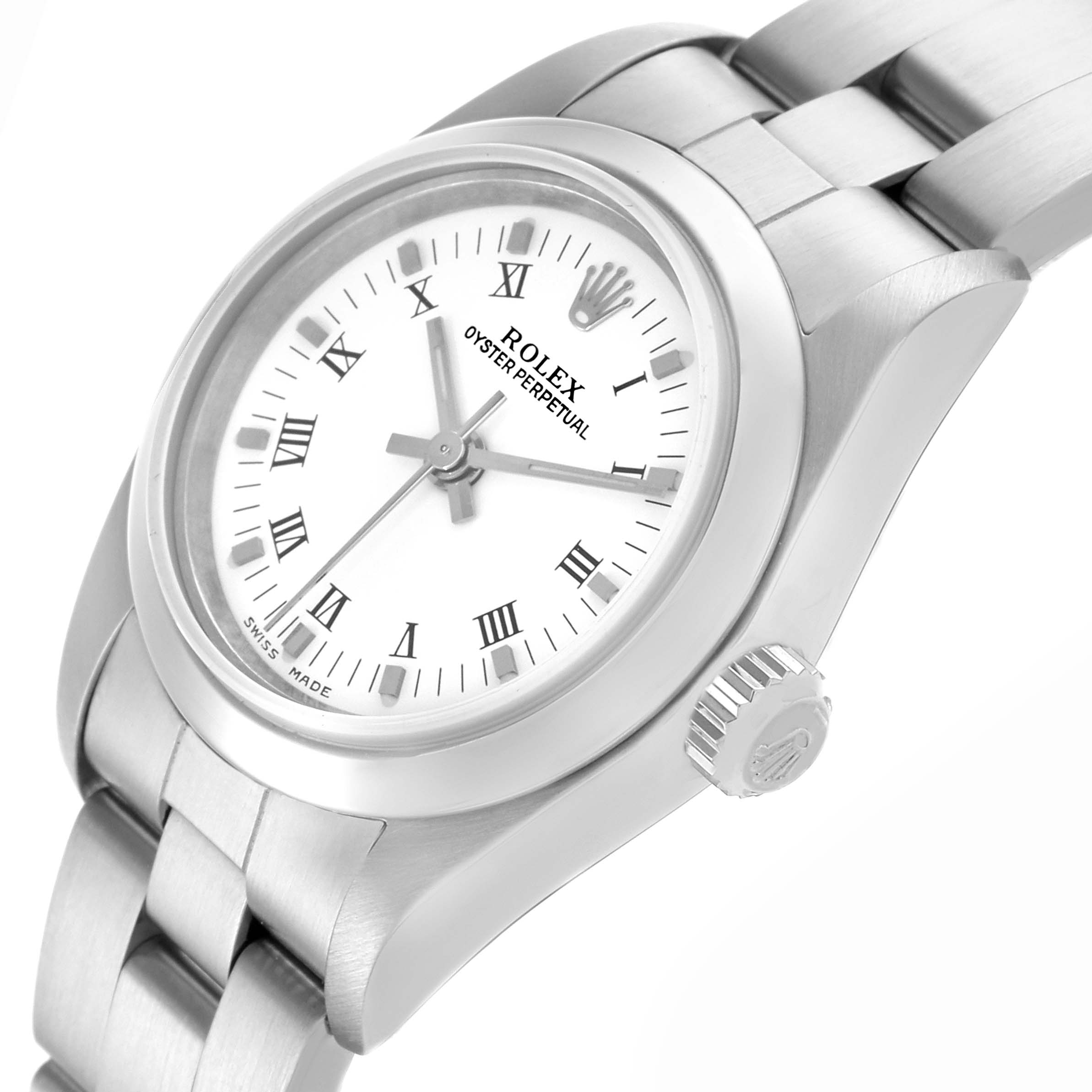 The Rolex Oyster Perpetual 76080 Women's Stainless Steel White Dial 76080 Women's Stainless Steel White Dial watch is shown at an angled view, displaying the face, bezel, crown, and parts of the bracelet.