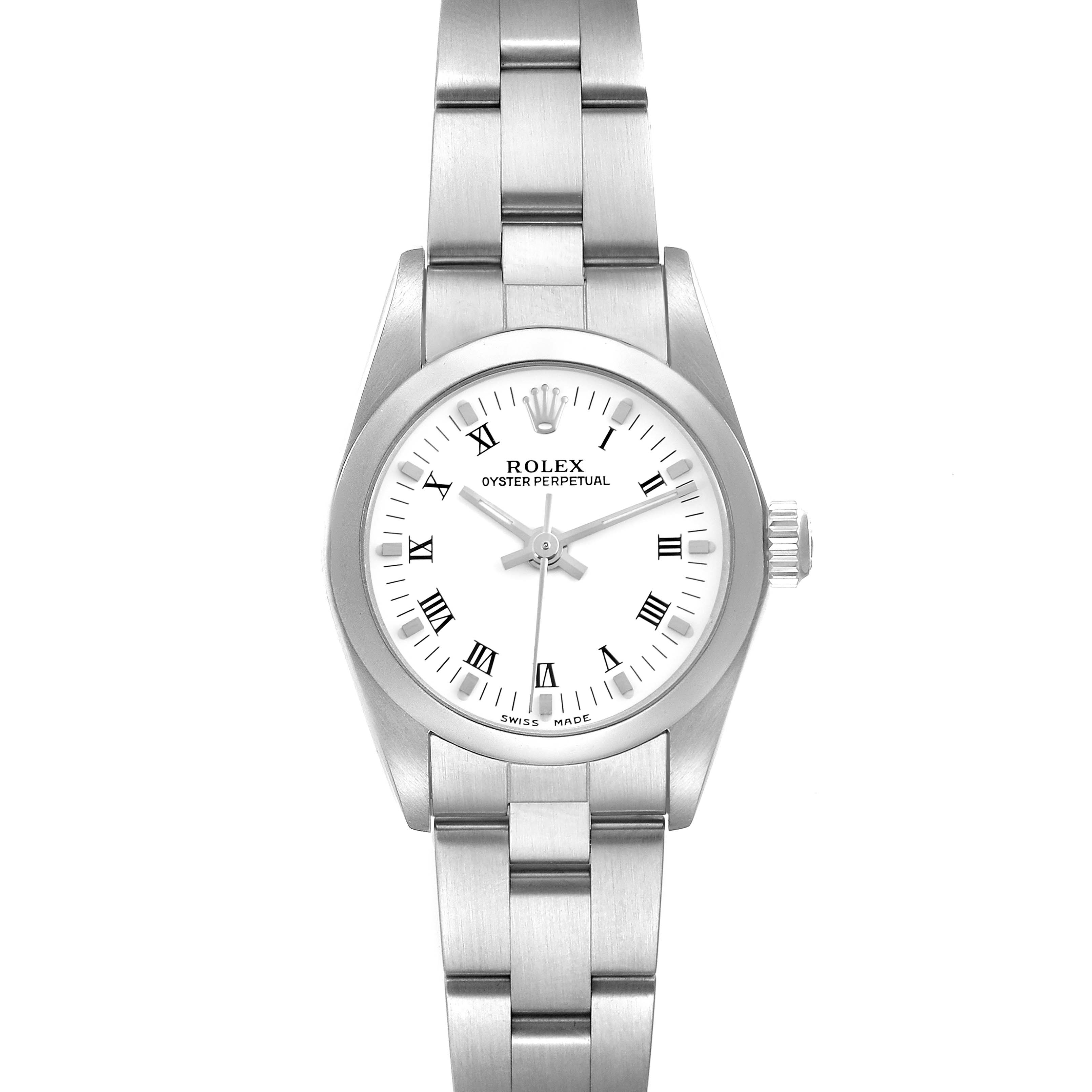 The Rolex Oyster Perpetual 76080 Women's Stainless Steel White Dial 76080 Women's Stainless Steel White Dial watch is shown from a top-down angle, displaying its face, bezel, bracelet, and crown.