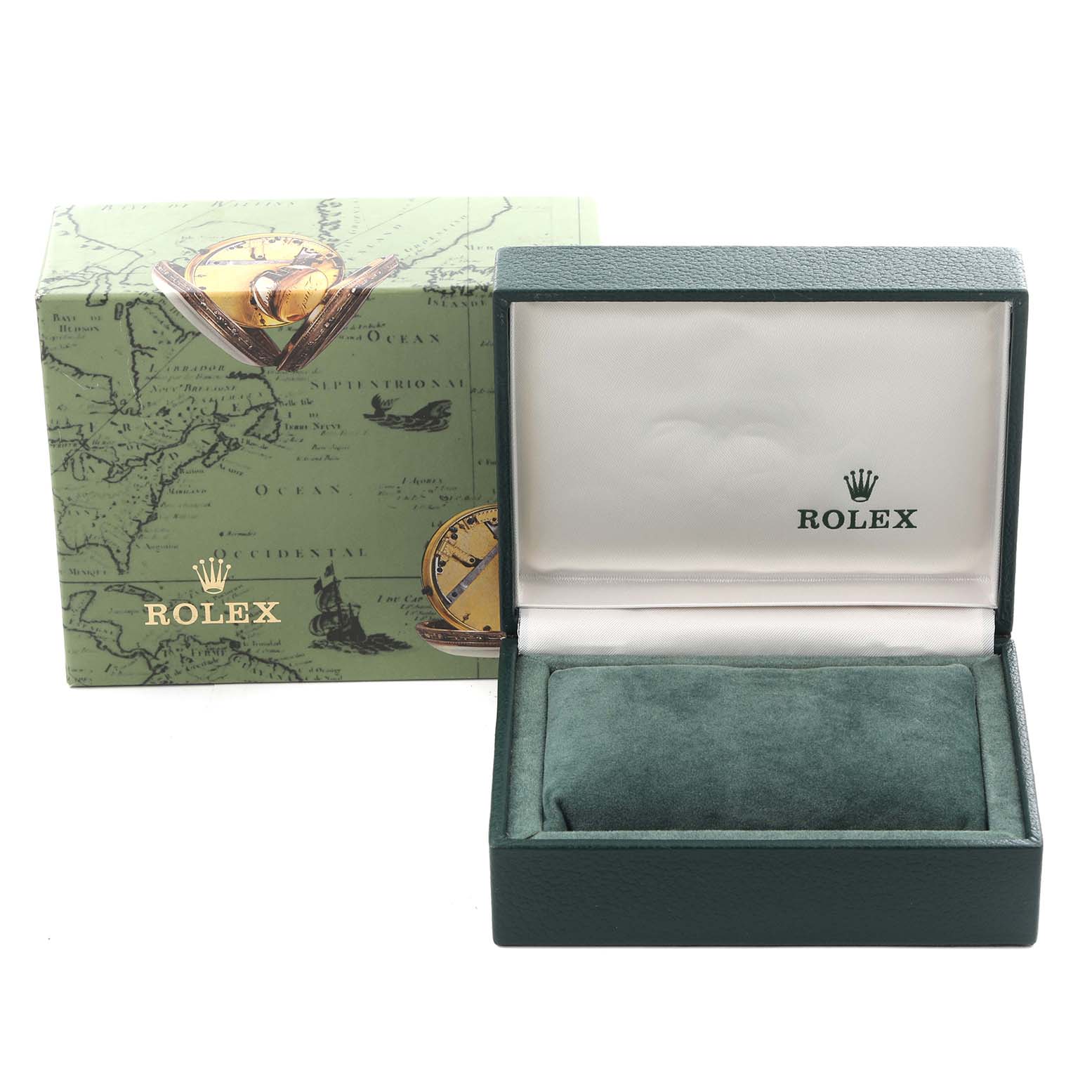 The image shows the Rolex Oyster Perpetual 76080 Women's Stainless Steel White Dial 76080 Women's Stainless Steel White Dial box with an open green case and matching outer box from a front angle.