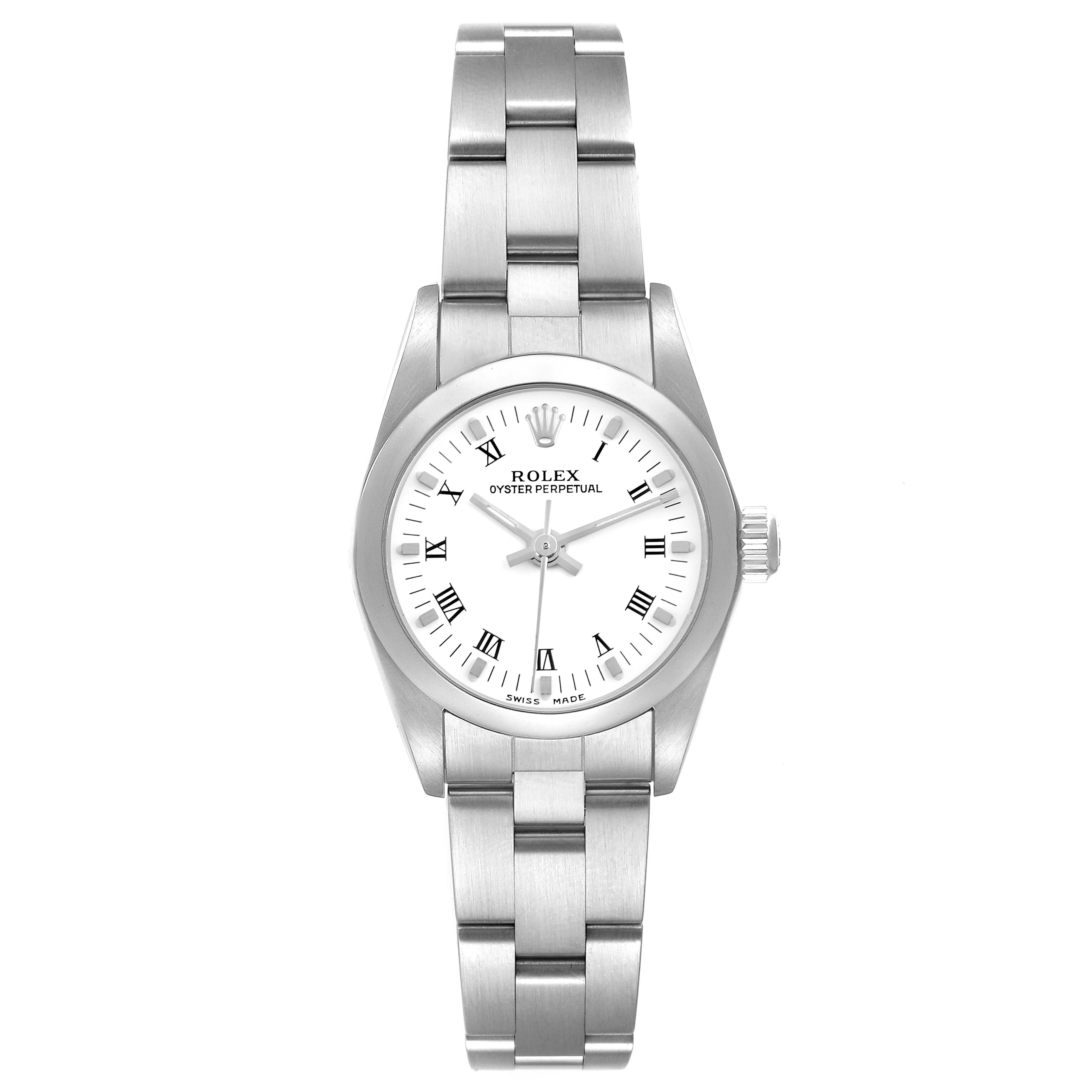 The Rolex Oyster Perpetual 76080 Women's Stainless Steel White Dial 76080 Women's Stainless Steel White Dial watch is shown from a top-down view, highlighting the face, bezel, and stainless steel bracelet.
