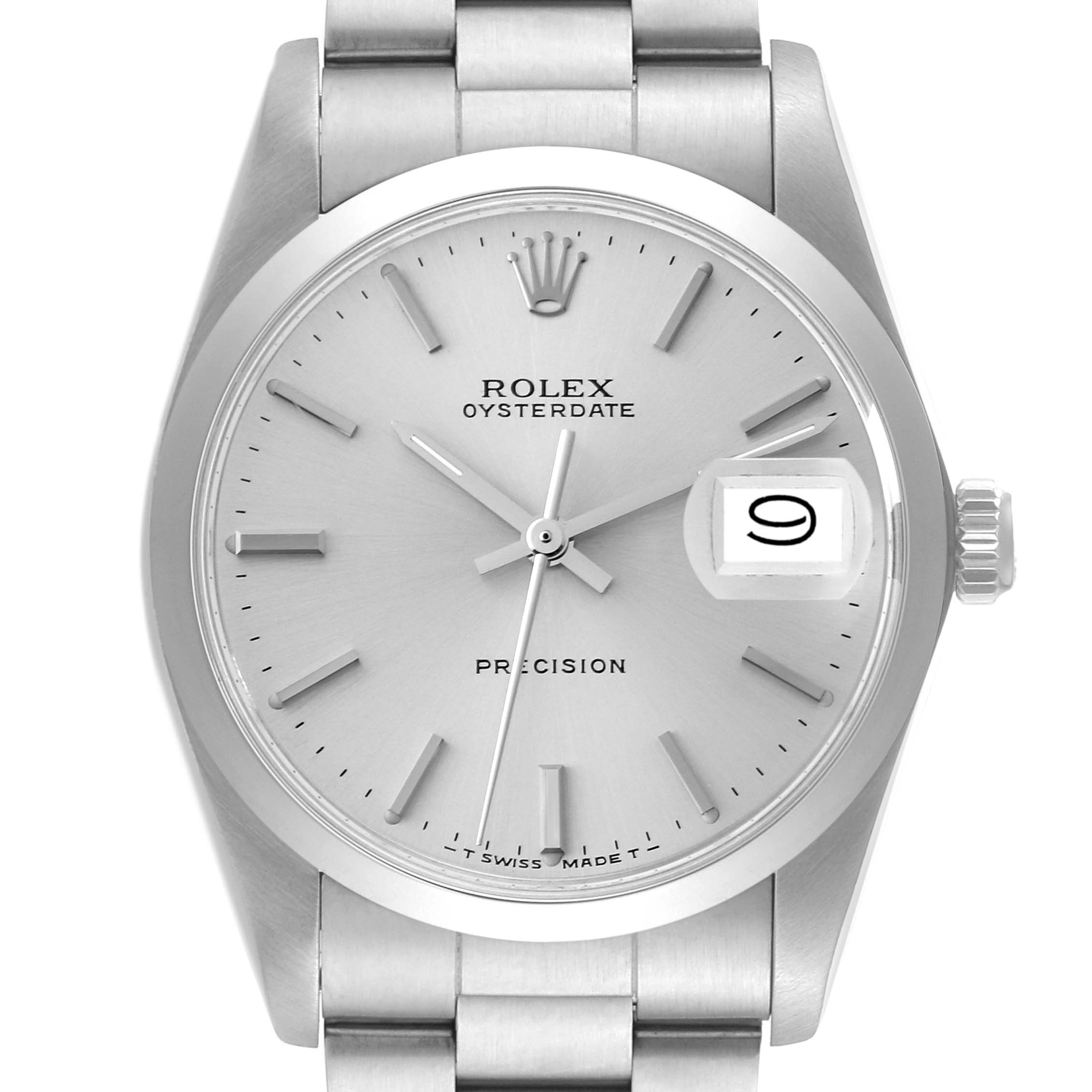 The image shows a front view of the Rolex Vintage Collection 6694 Men's Stainless Steel Silver Dial 6694 Men's Stainless Steel Silver Dial model watch, highlighting its dial, crown, and bracelet.