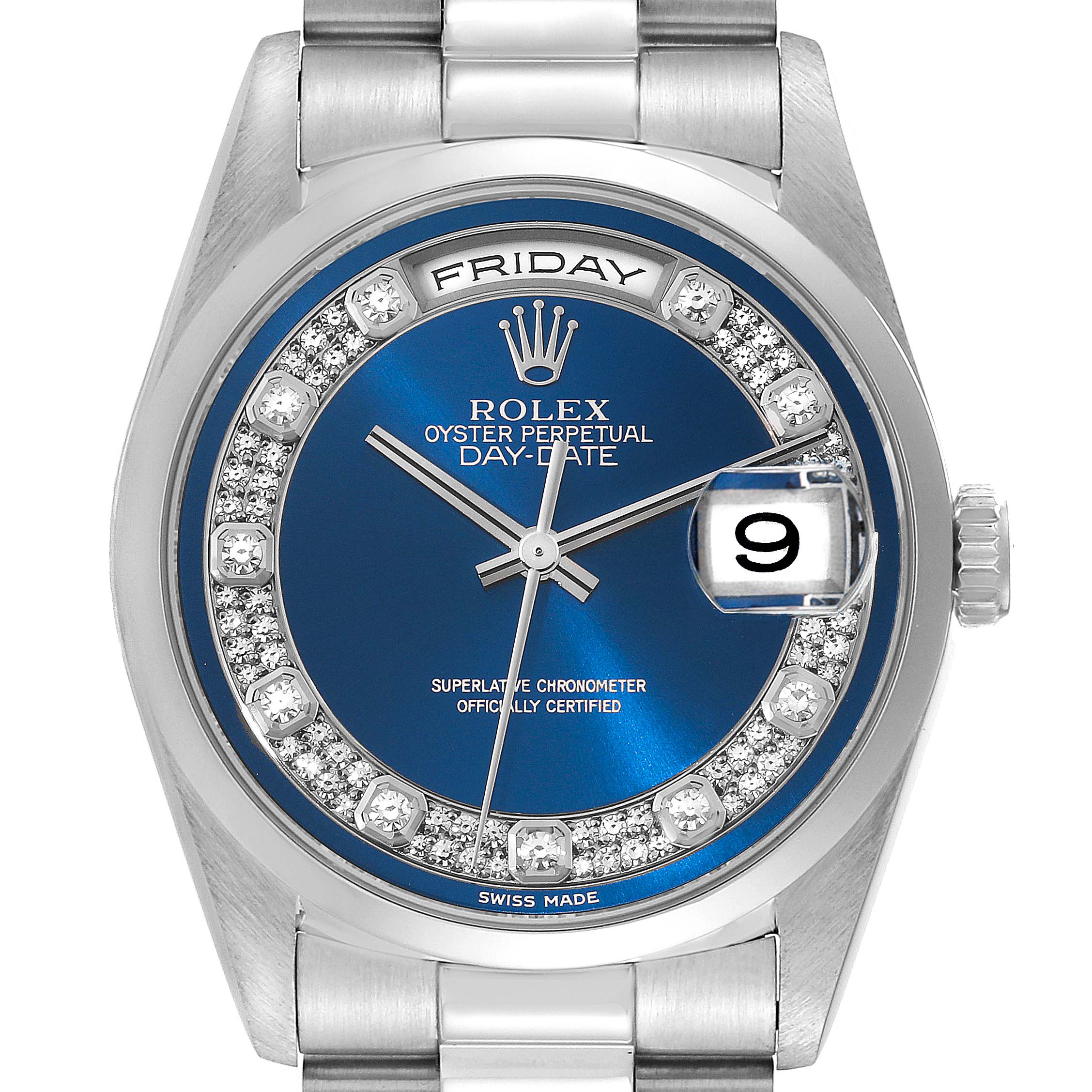 The image shows a frontal view of a Rolex President 18206 Men's Platinum Blue Dial 18206 Men's Platinum Blue Dial model watch, displaying the face, bezel, and part of the wristband.