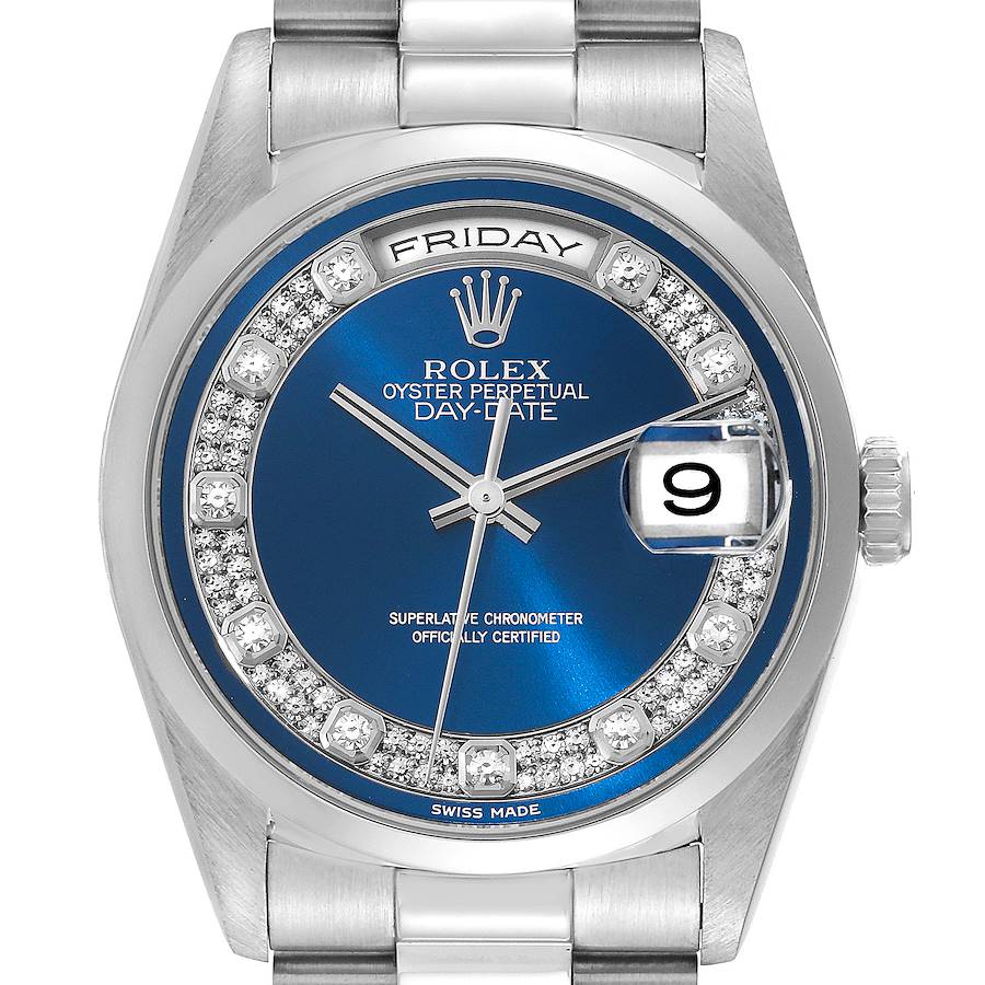 Rolex President Day-Date Platinum Blue Diamond Dial Mens Watch 18206 Box Papers SwissWatchExpo