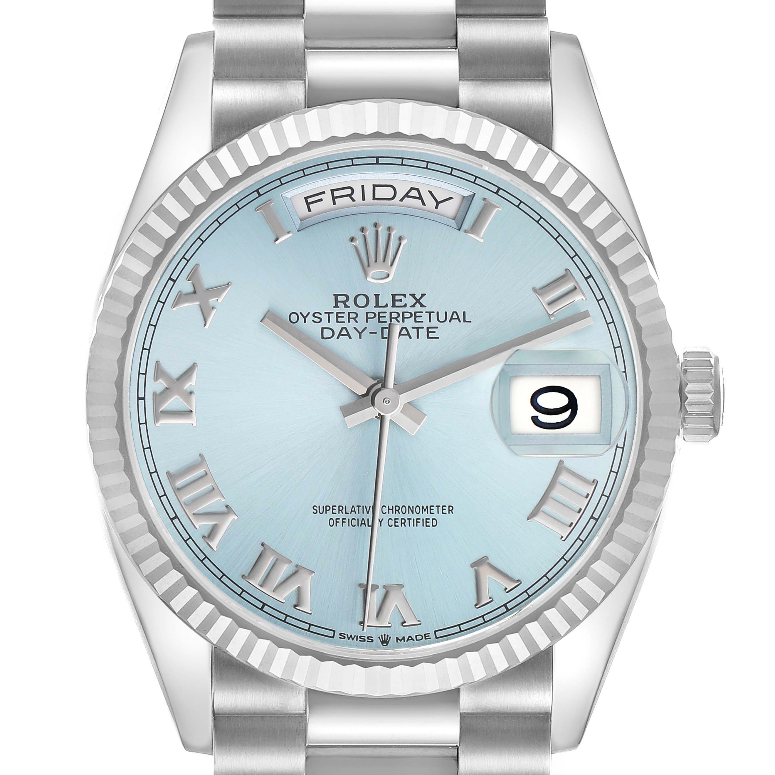 The Rolex President 128236 Men's Platinum Blue Dial watch is shown from the front, detailing its ice-blue dial, Roman numeral markers, and fluted bezel.