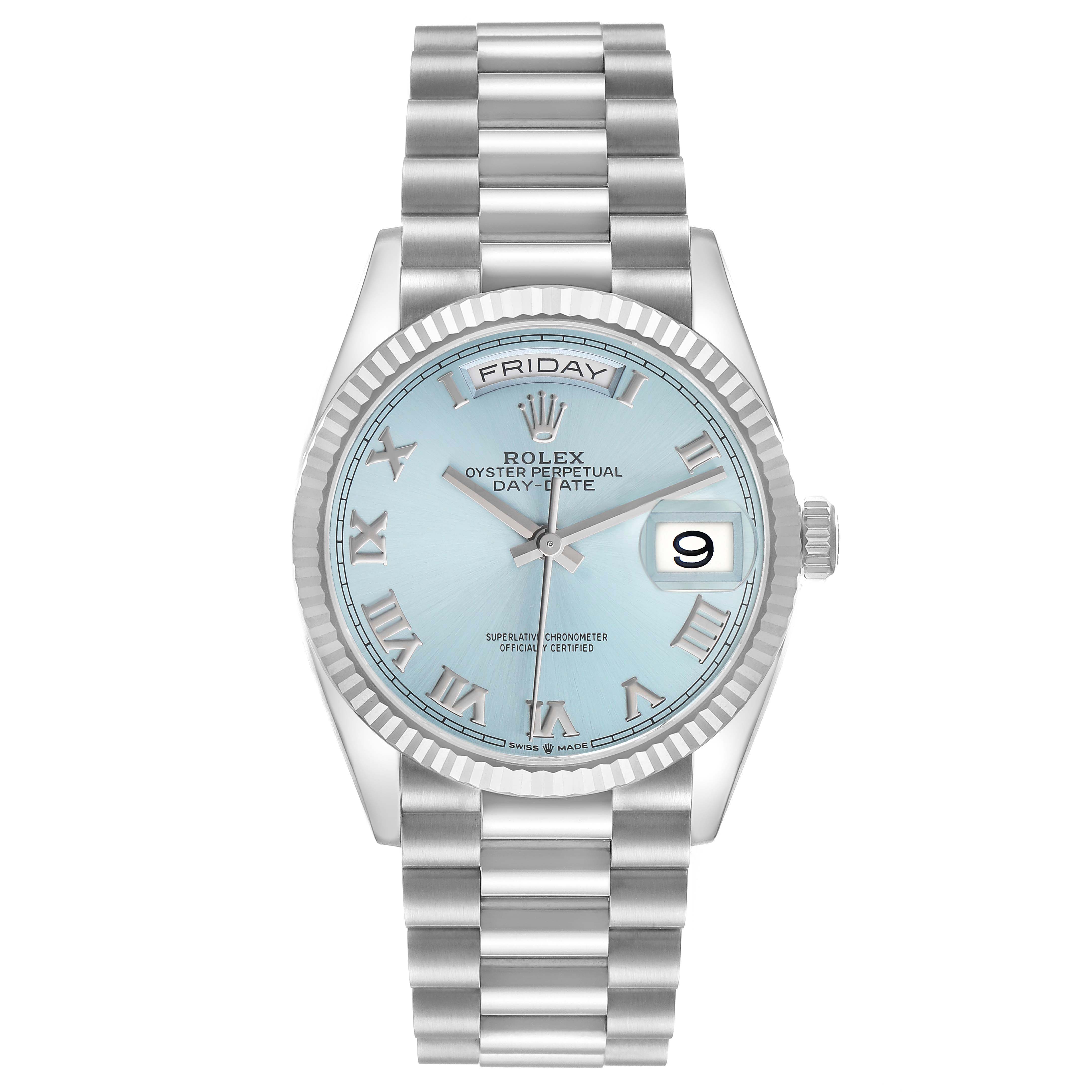 The Rolex President 128236 Men's Platinum Blue Dial model watch is shown from a front view, featuring its light blue dial, day-date function, and silver bracelet.