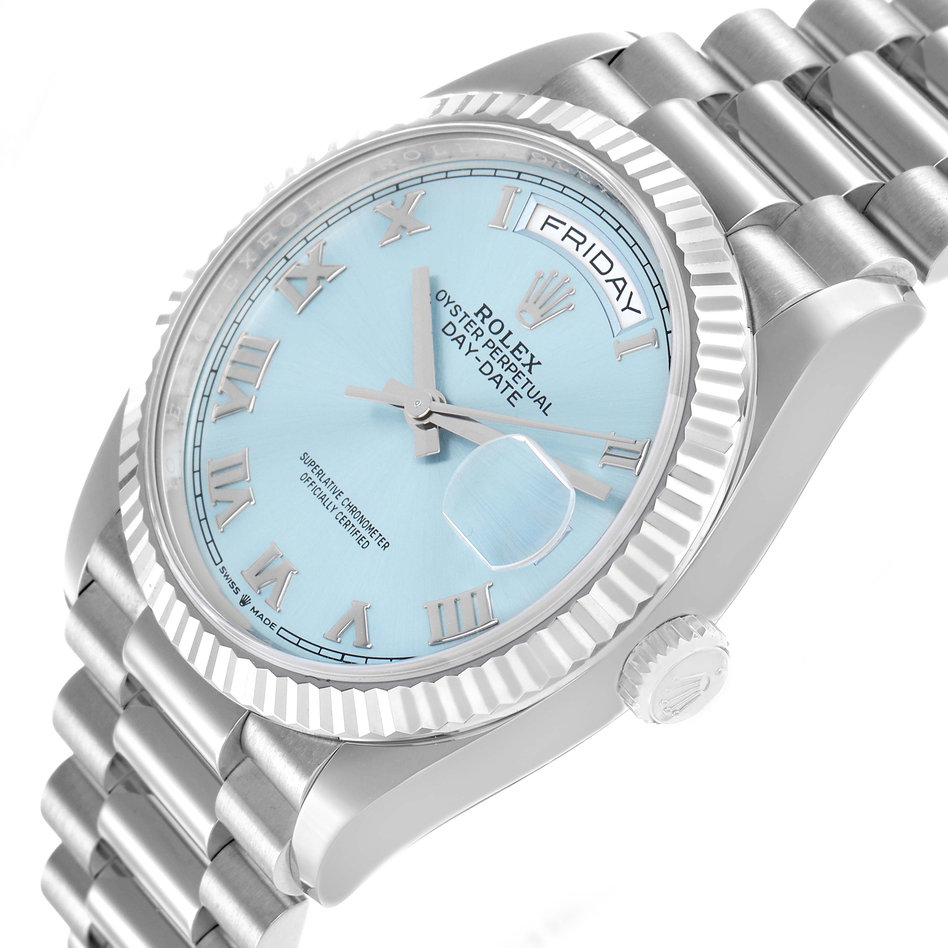 The Rolex President 128236 Men's Platinum Blue Dial watch is shown from a side angle, displaying its face, bezel, crown, and part of the bracelet.