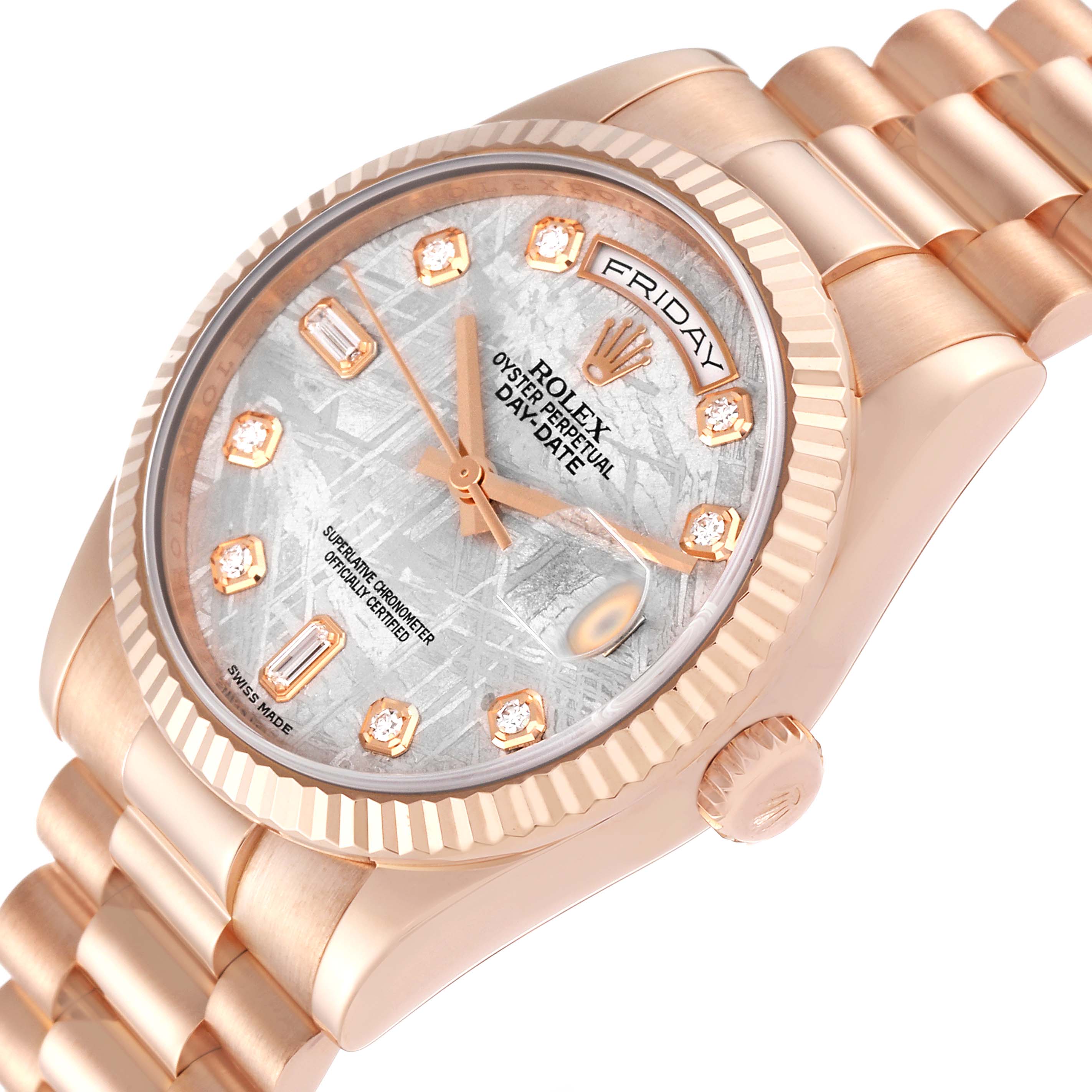 The image shows a Rolex President 118235 Men's Rose Gold Silver Dial 118235 Men's Rose Gold Silver Dial model watch at a tilted angle, highlighting the dial, bezel, and bracelet.