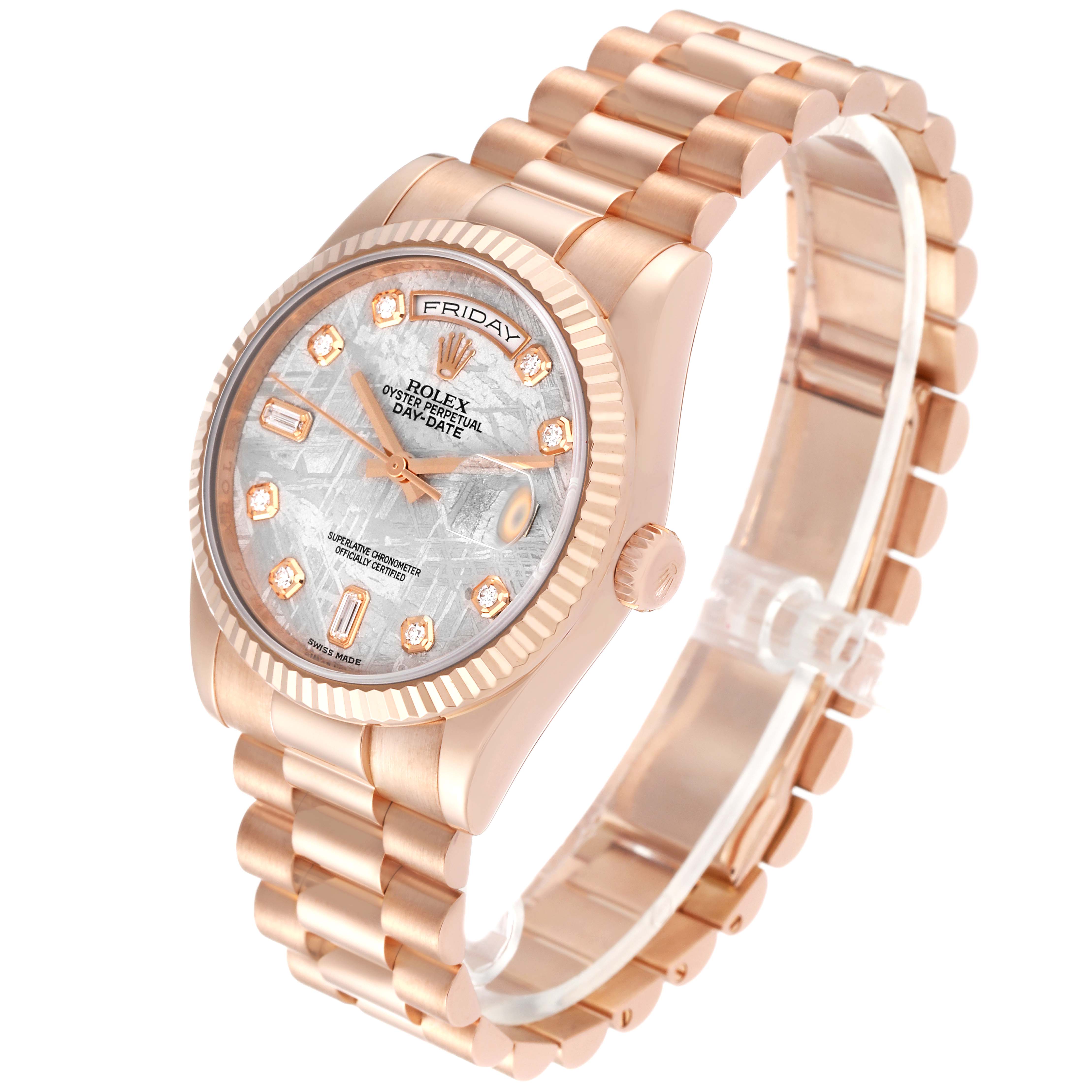 The image shows a Rolex President 118235 Men's Rose Gold Silver Dial 118235 Men's Rose Gold Silver Dial model watch at a three-quarter angle, highlighting its band, face, and crown.