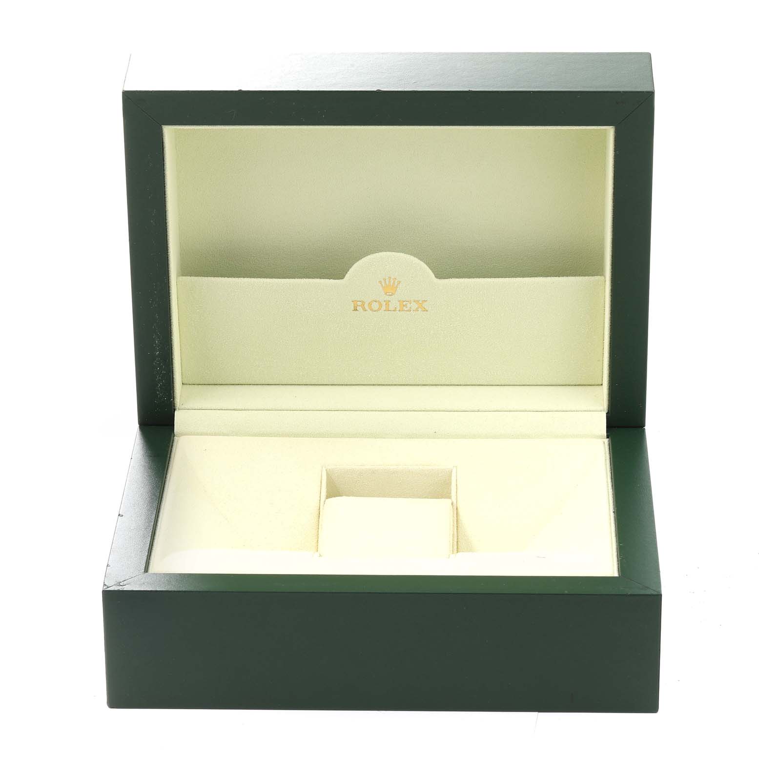 This image shows an open green box for the Rolex President 118235 Men's Rose Gold Silver Dial 118235 Men's Rose Gold Silver Dial watch model, displaying its interior compartments.