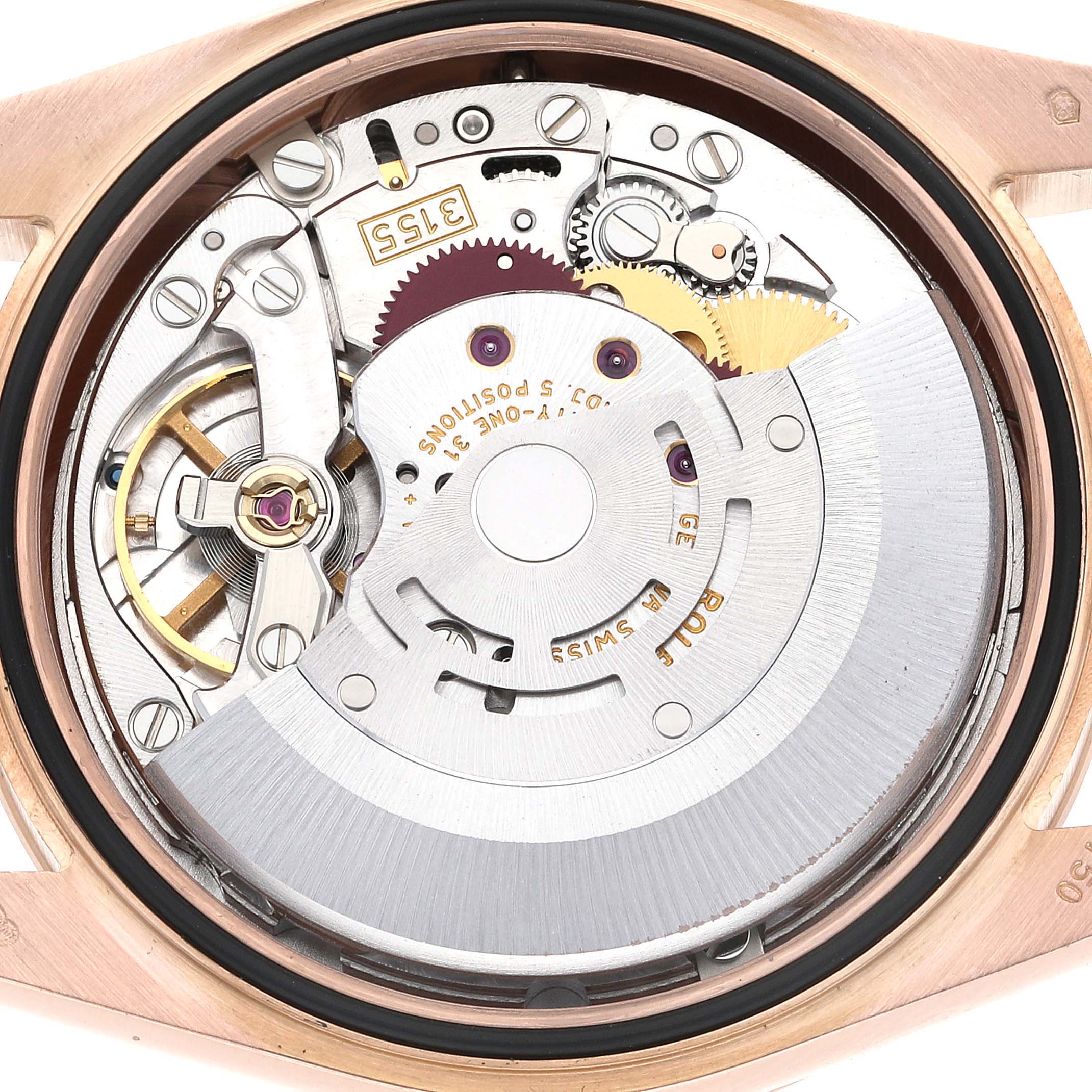 This image shows the internal mechanism of the Rolex President 118235 Men's Rose Gold Silver Dial 118235 Men's Rose Gold Silver Dial model watch from the back angle.