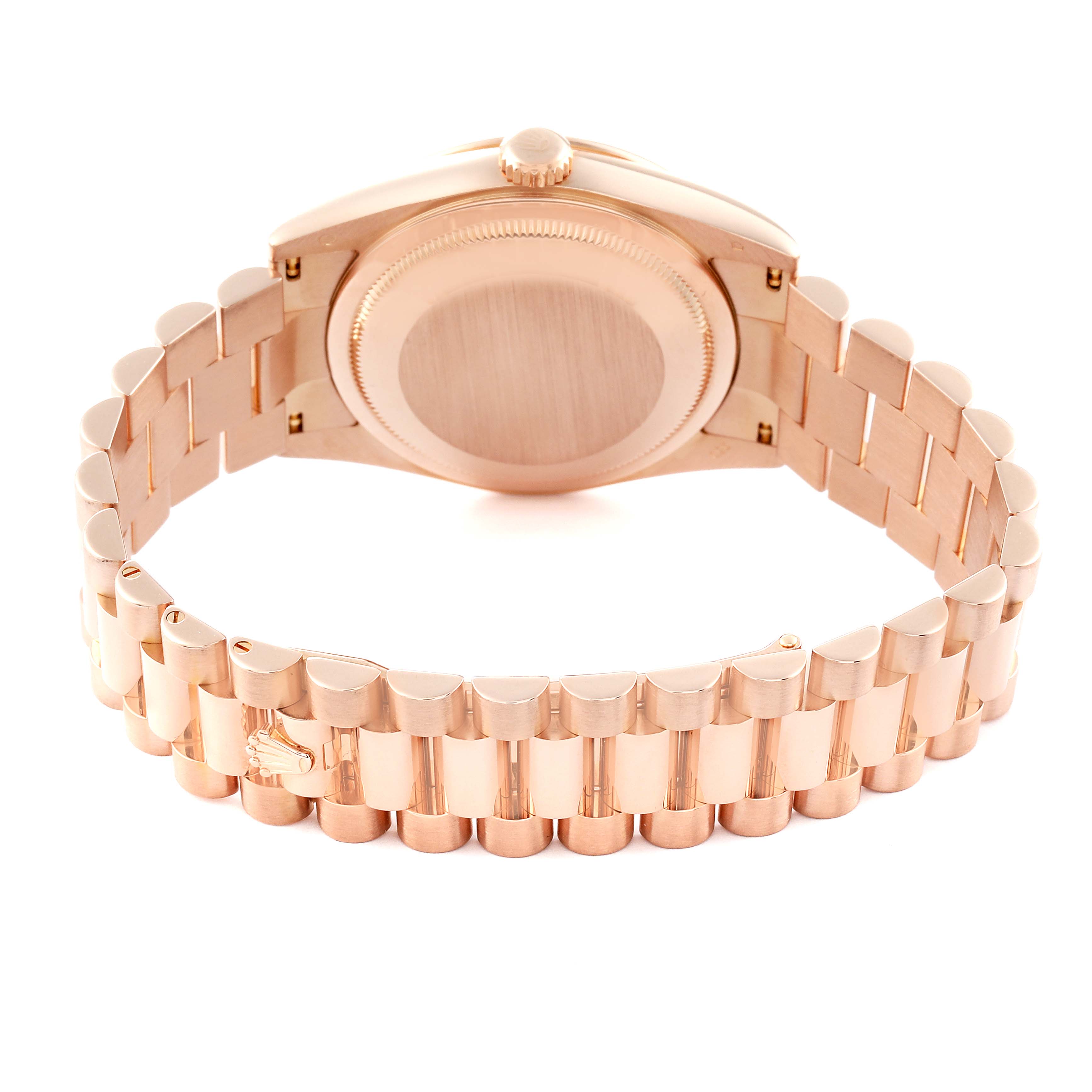 The image shows the back view of a Rolex President 118235 Men's Rose Gold Silver Dial 118235 Men's Rose Gold Silver Dial model watch, highlighting its case back and bracelet.