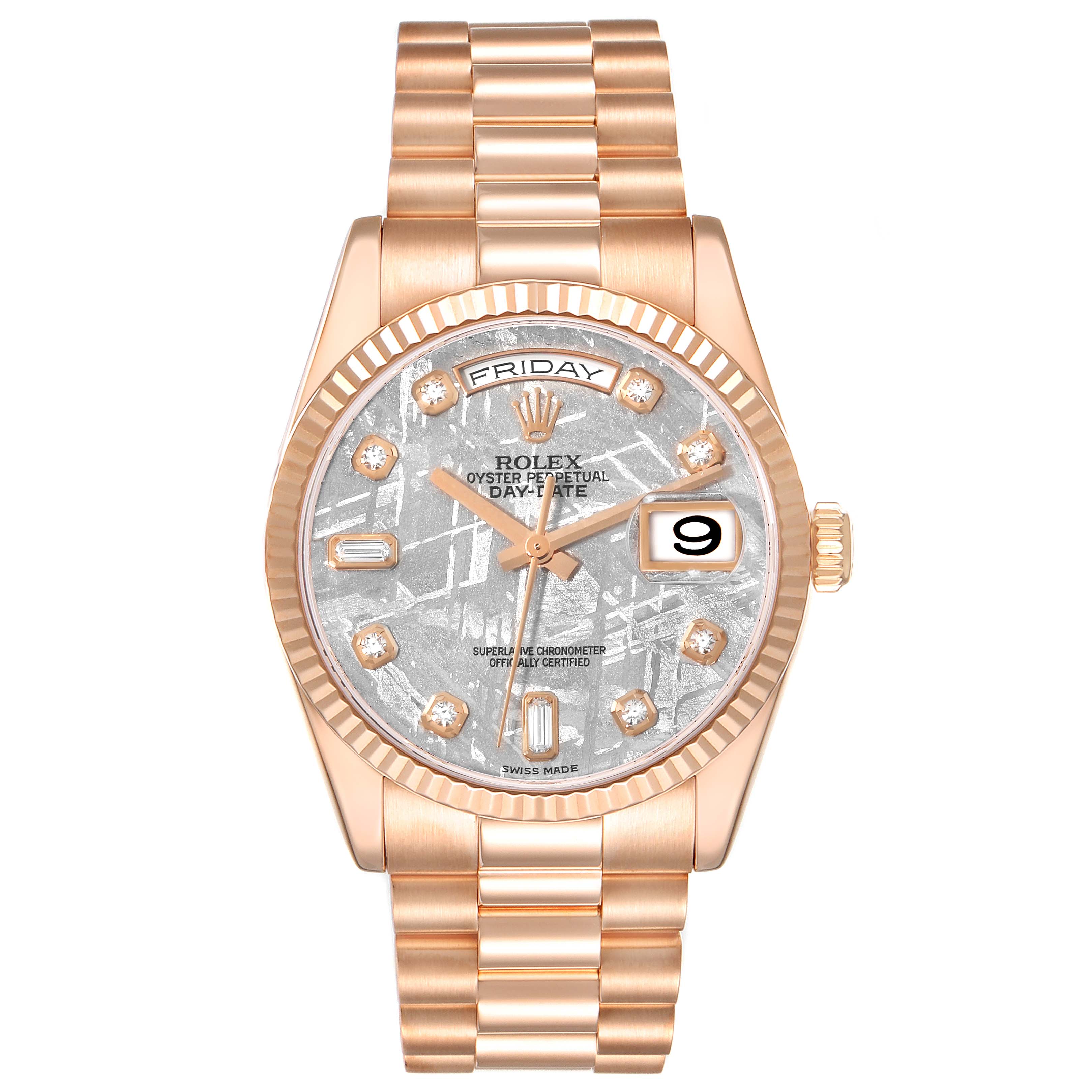 The image shows a Rolex President 118235 Men's Rose Gold Silver Dial 118235 Men's Rose Gold Silver Dial model watch from the front, highlighting its dial, day and date windows, and bracelet.
