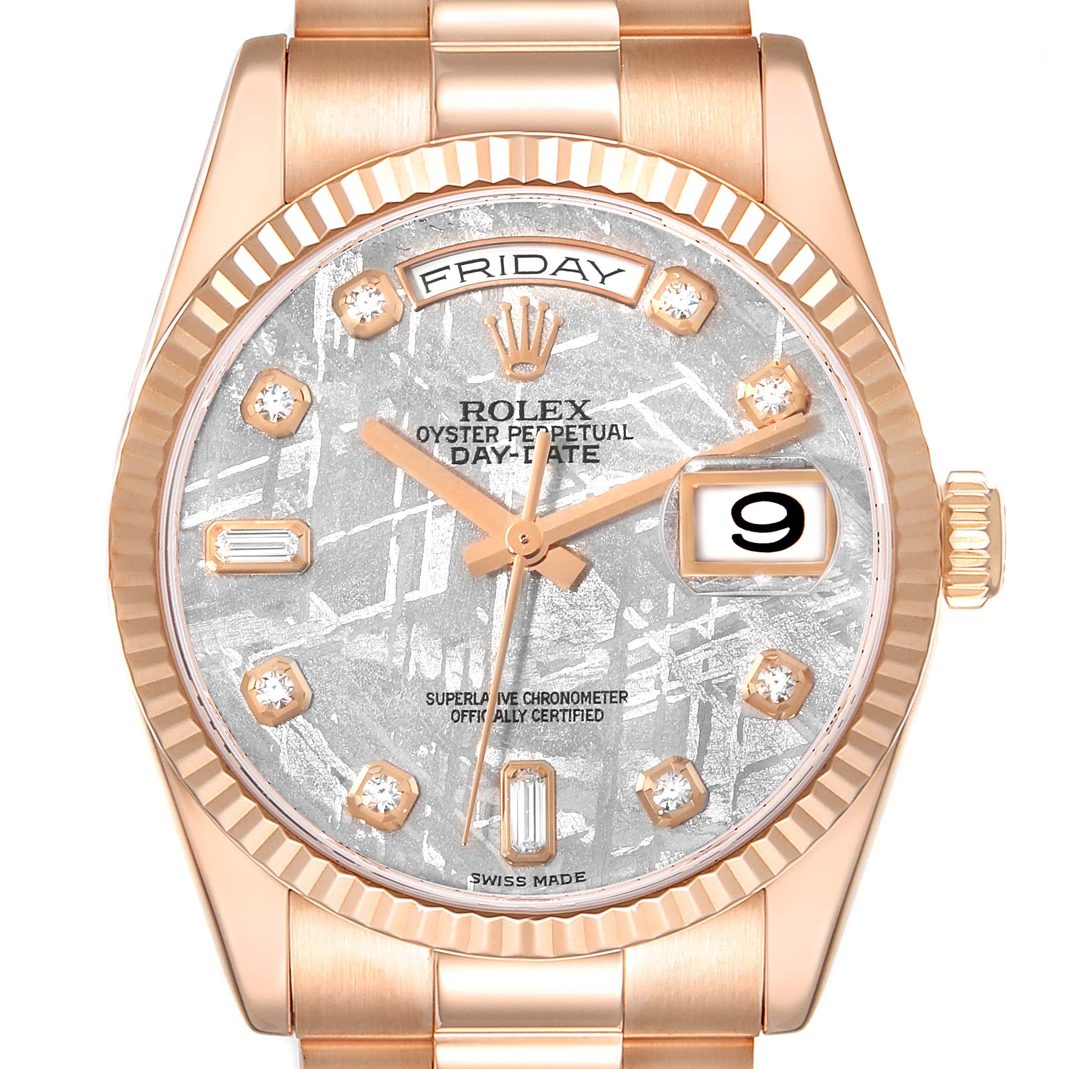 This image shows a Rolex President 118235 Men's Rose Gold Silver Dial 118235 Men's Rose Gold Silver Dial Day-Date watch from the front, highlighting the dial, bezel, bracelet, and crown.