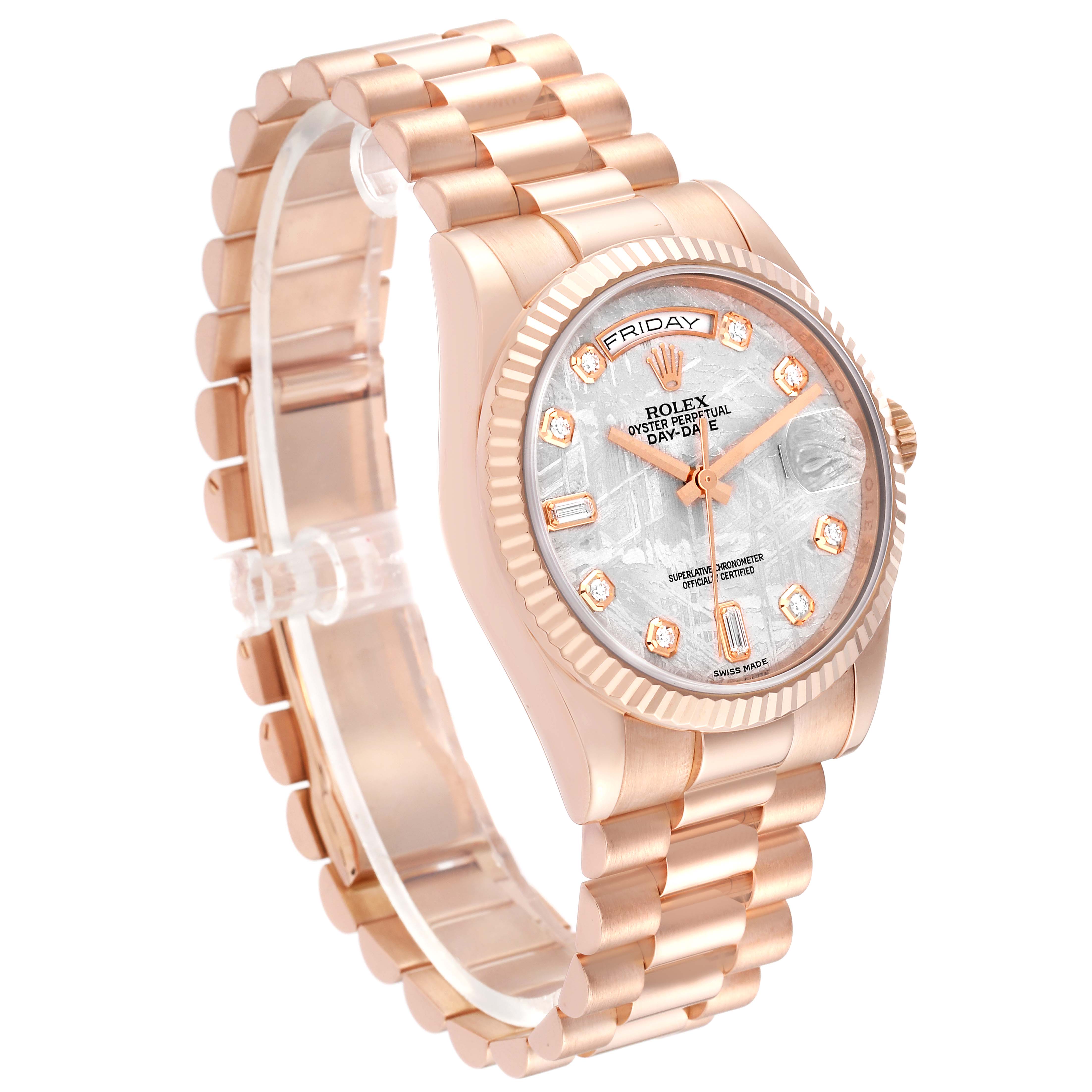 The Rolex President 118235 Men's Rose Gold Silver Dial 118235 Men's Rose Gold Silver Dial model watch is shown at a slight angle, displaying its face, band, and bezel.