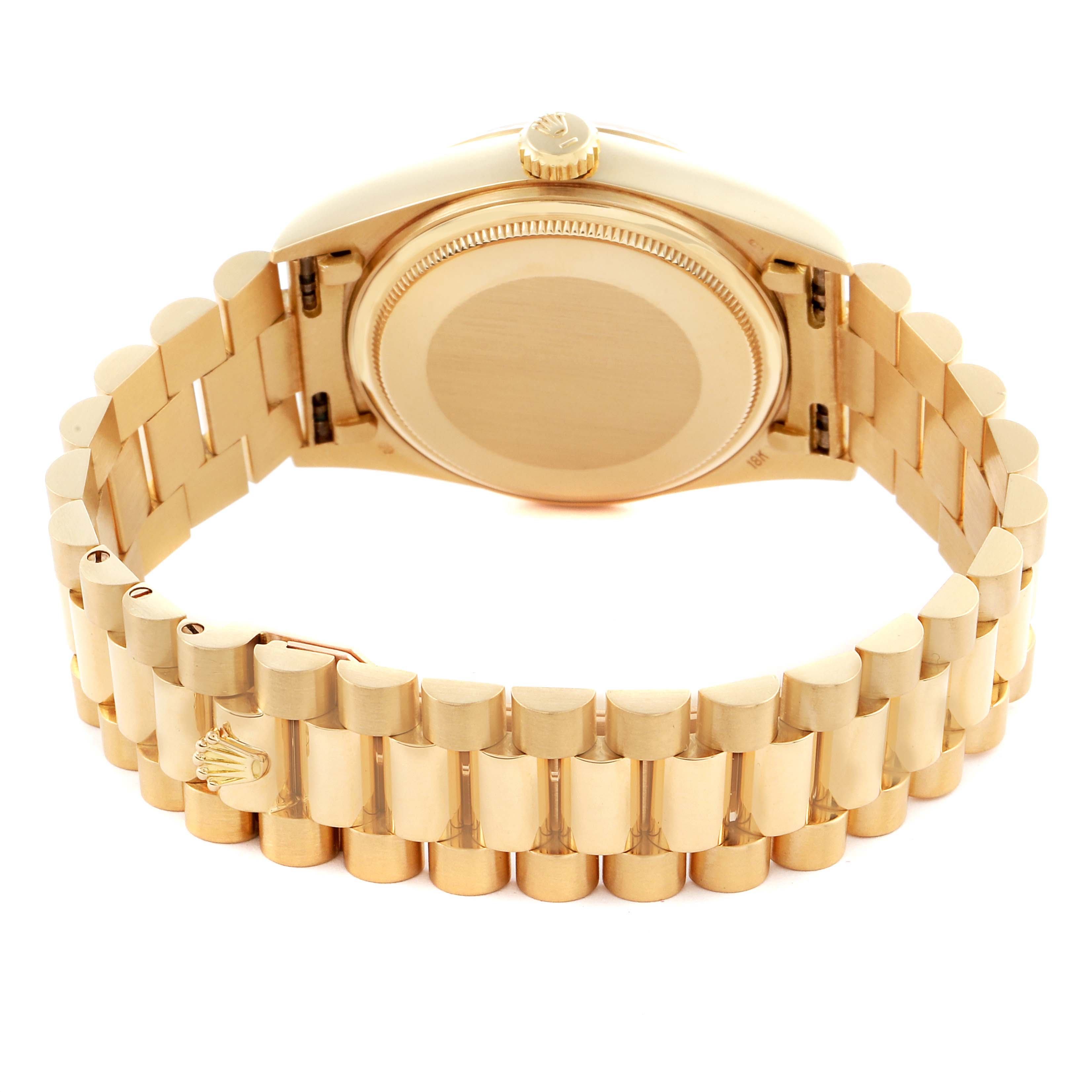 The image shows a Rolex President 18038 Men's Yellow Gold Champagne Dial 18038 Men's Yellow Gold Champagne Dial model watch from the back, highlighting the case back, crown, and gold bracelet.