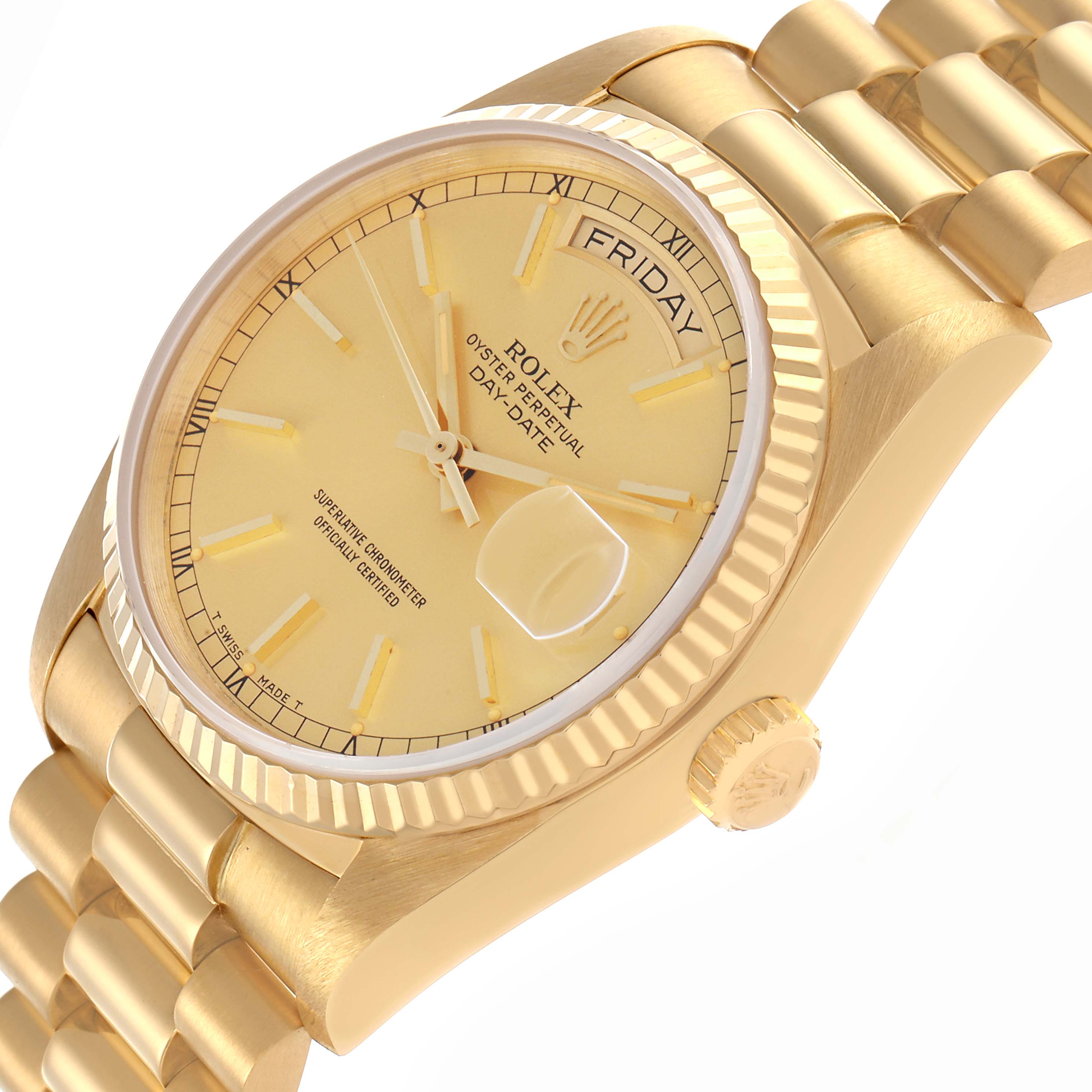 The Rolex President 18038 Men's Yellow Gold Champagne Dial 18038 Men's Yellow Gold Champagne Dial watch is shown at a slight side angle, revealing the dial, bracelet, case, and crown.