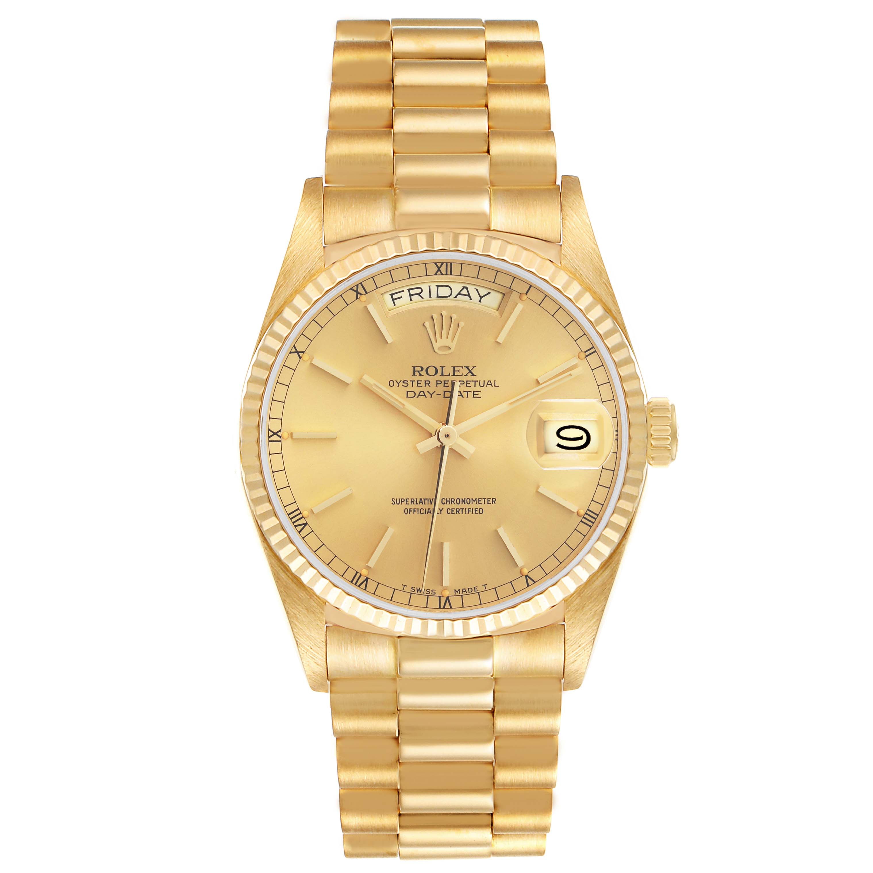 The Rolex President 18038 Men's Yellow Gold Champagne Dial 18038 Men's Yellow Gold Champagne Dial model watch is shown from a top view, displaying its gold dial, day-date feature, and bracelet.