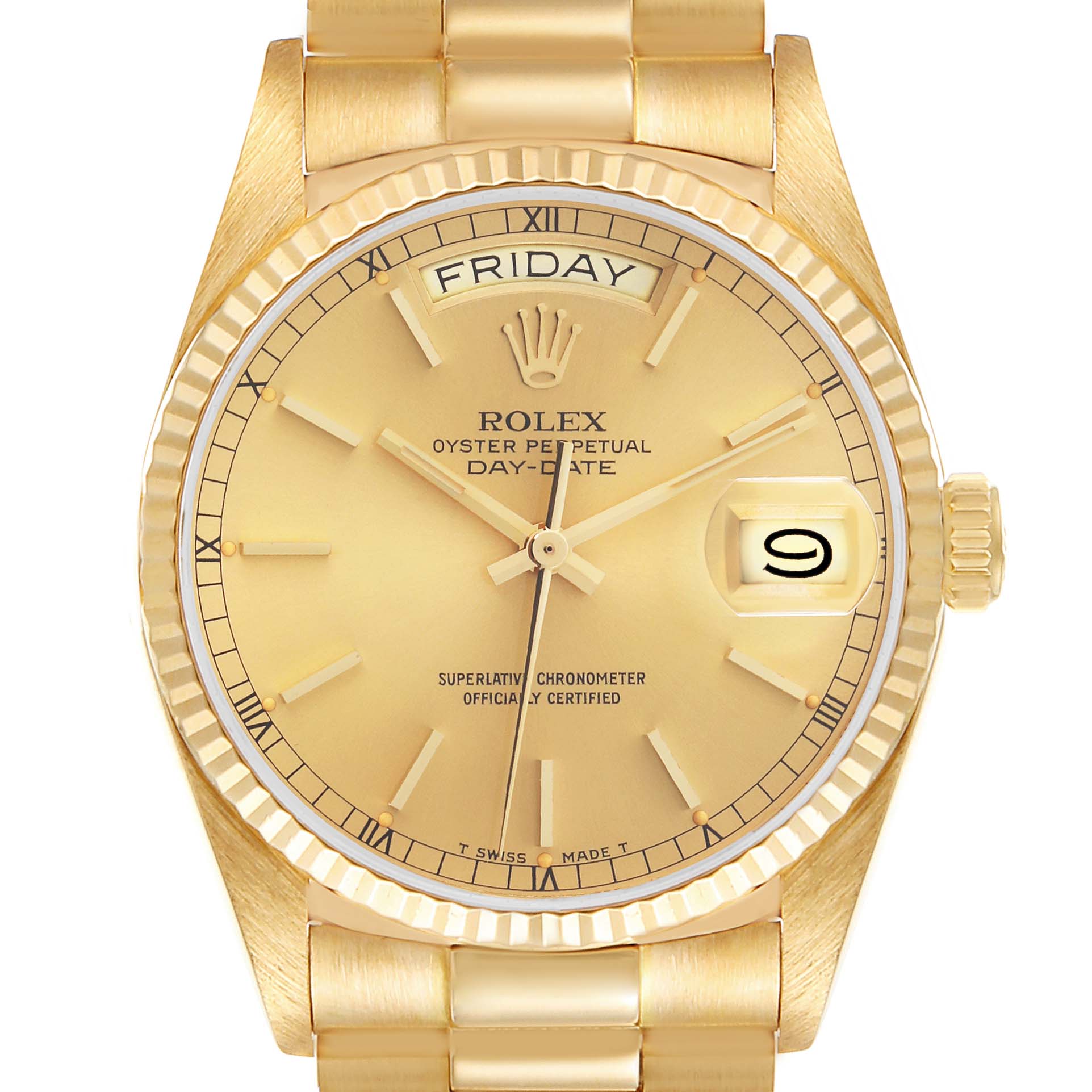 The Rolex President 18038 Men's Yellow Gold Champagne Dial 18038 Men's Yellow Gold Champagne Dial model watch is shown from a frontal angle, displaying the dial, bezel, bracelet, day, and date.