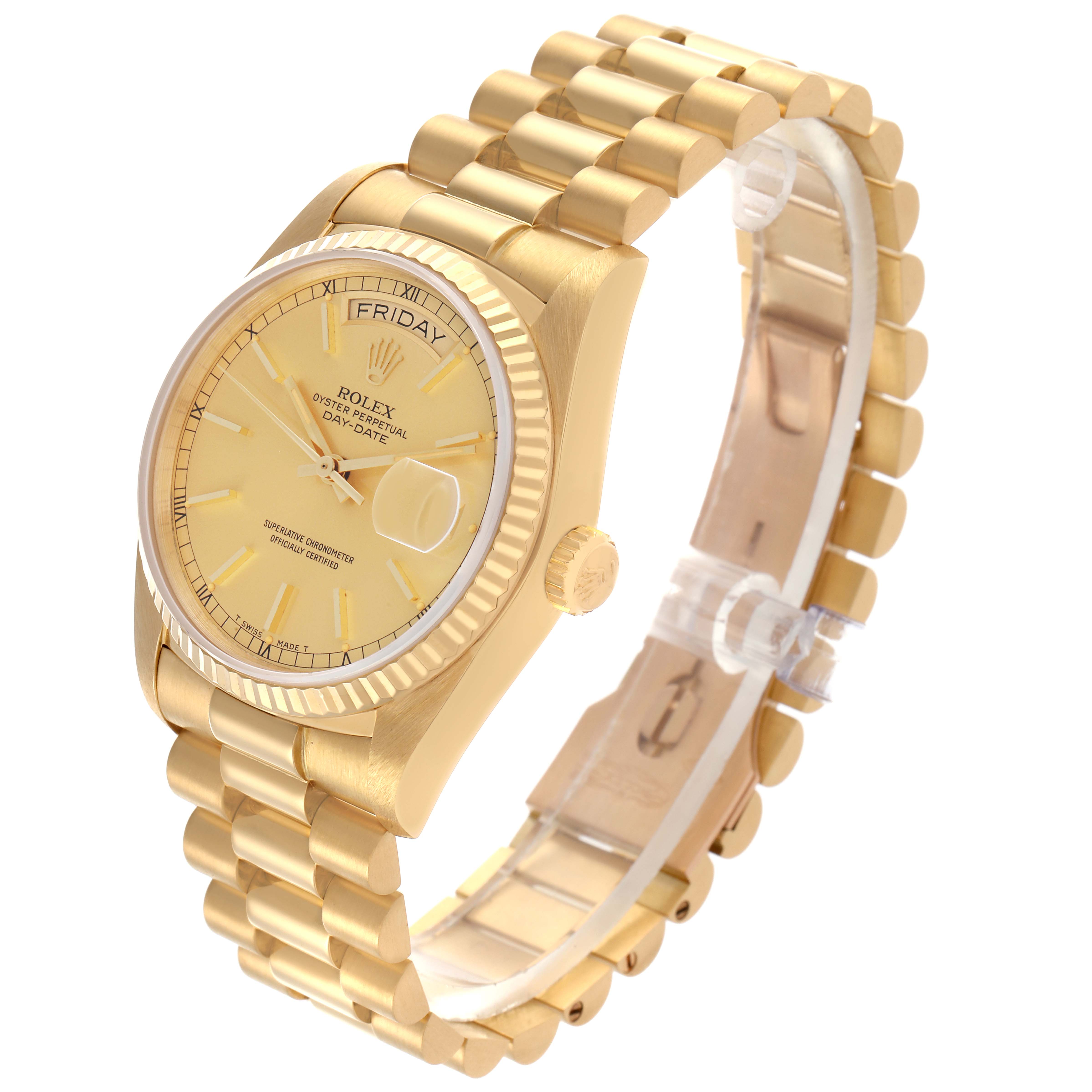 The Rolex President 18038 Men's Yellow Gold Champagne Dial 18038 Men's Yellow Gold Champagne Dial model is shown at a three-quarter angle, displaying its face, fluted bezel, and gold bracelet.