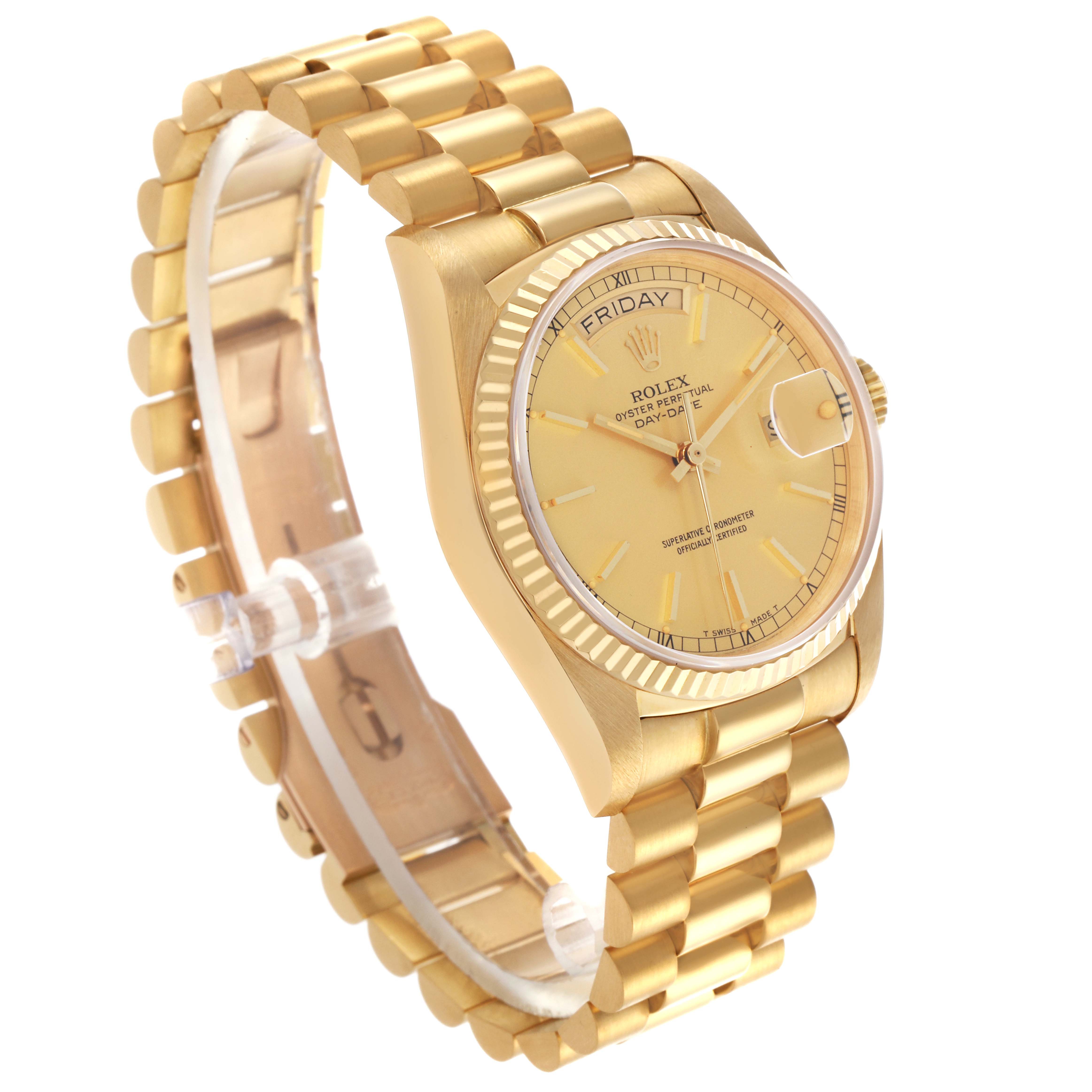 The Rolex President 18038 Men's Yellow Gold Champagne Dial 18038 Men's Yellow Gold Champagne Dial is shown at a three-quarter angle, highlighting its gold bracelet, case, and dial with day and date display.