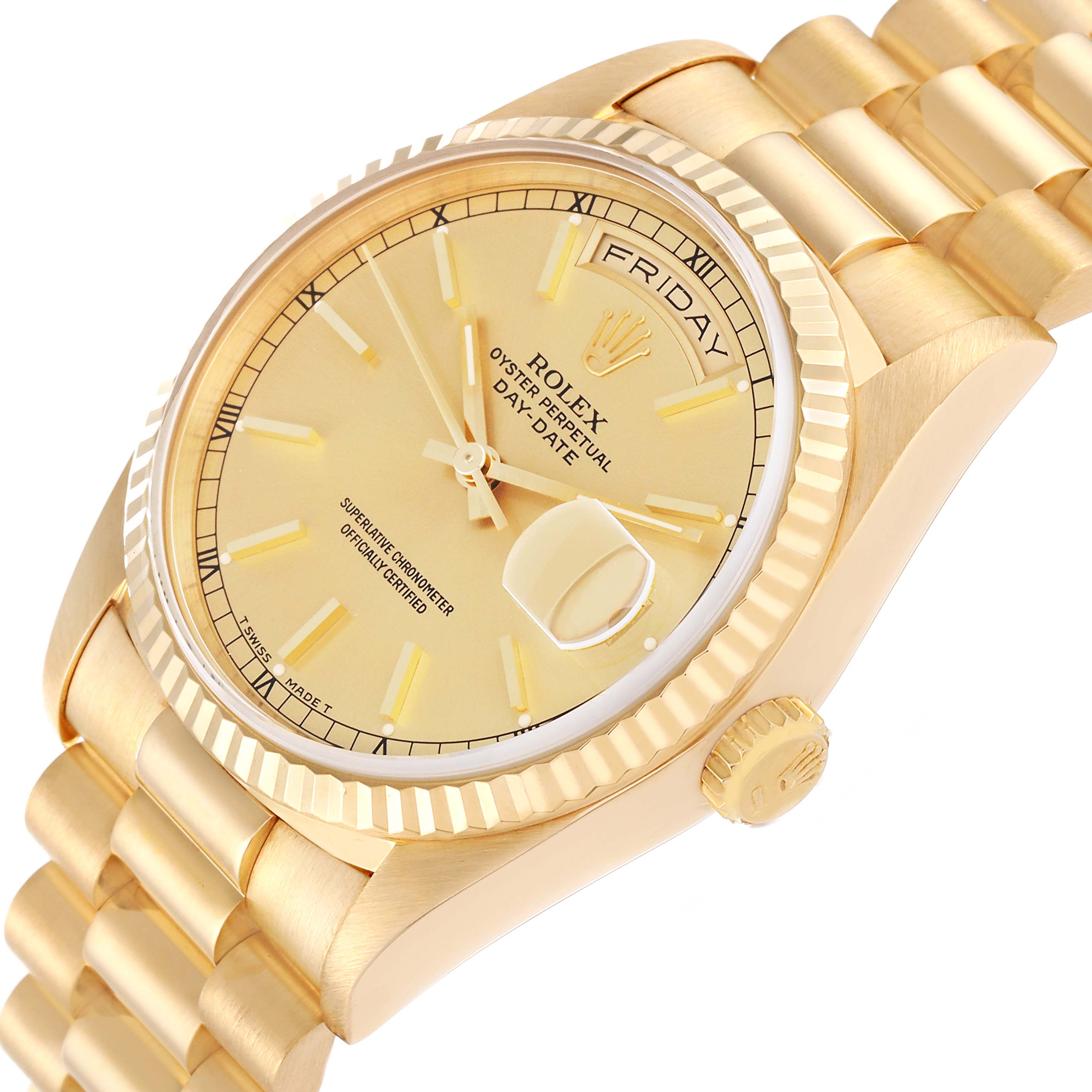 This image shows a close-up angle of the Rolex President 18238 Men
s Yellow Gold Champagne Dial 18238 Men
s Yellow Gold Champagne Dial model, highlighting the dial, bezel, and bracelet.