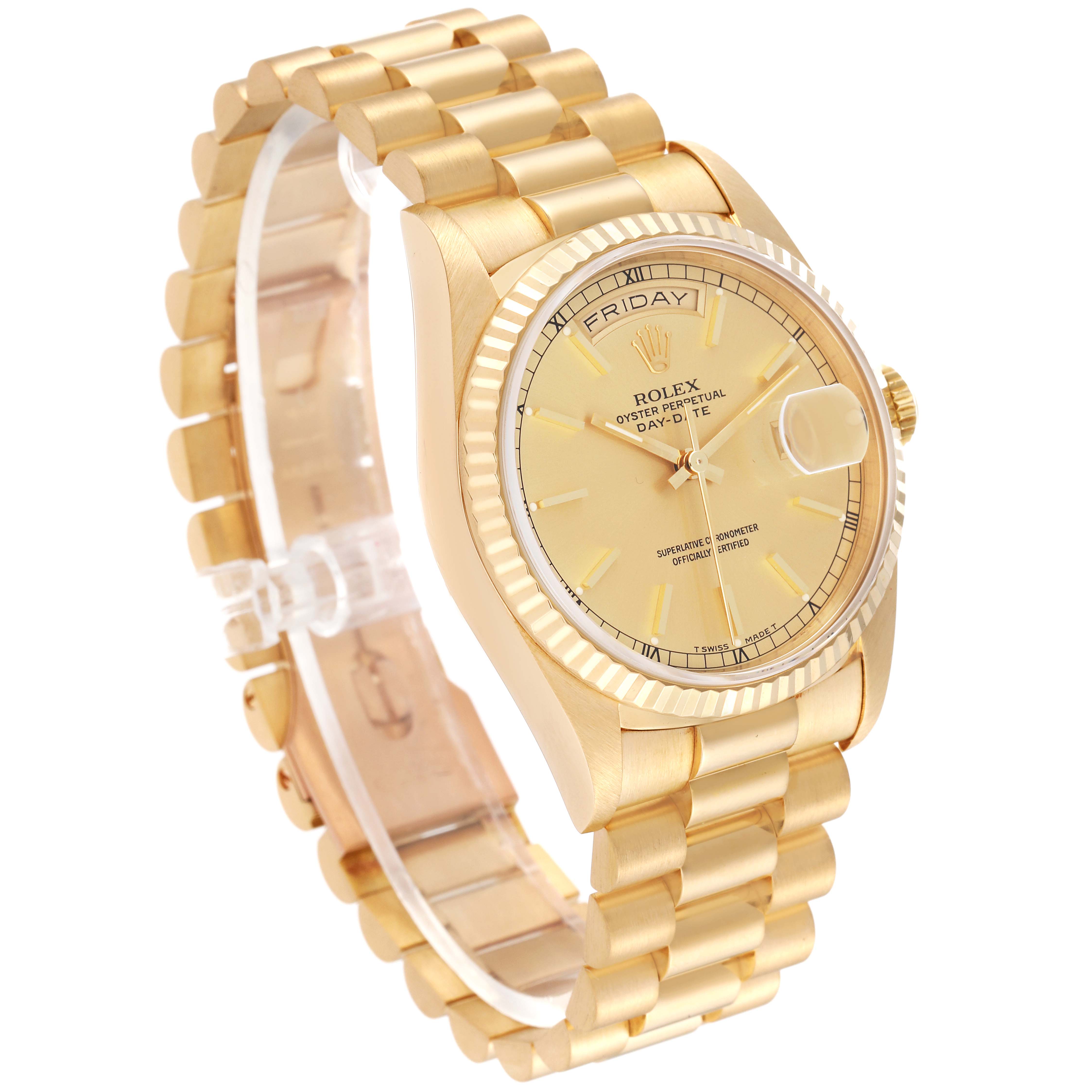 The image shows a Rolex President 18238 Men
s Yellow Gold Champagne Dial 18238 Men
s Yellow Gold Champagne Dial model watch at a three-quarter angle, highlighting its dial, bracelet, and crown.