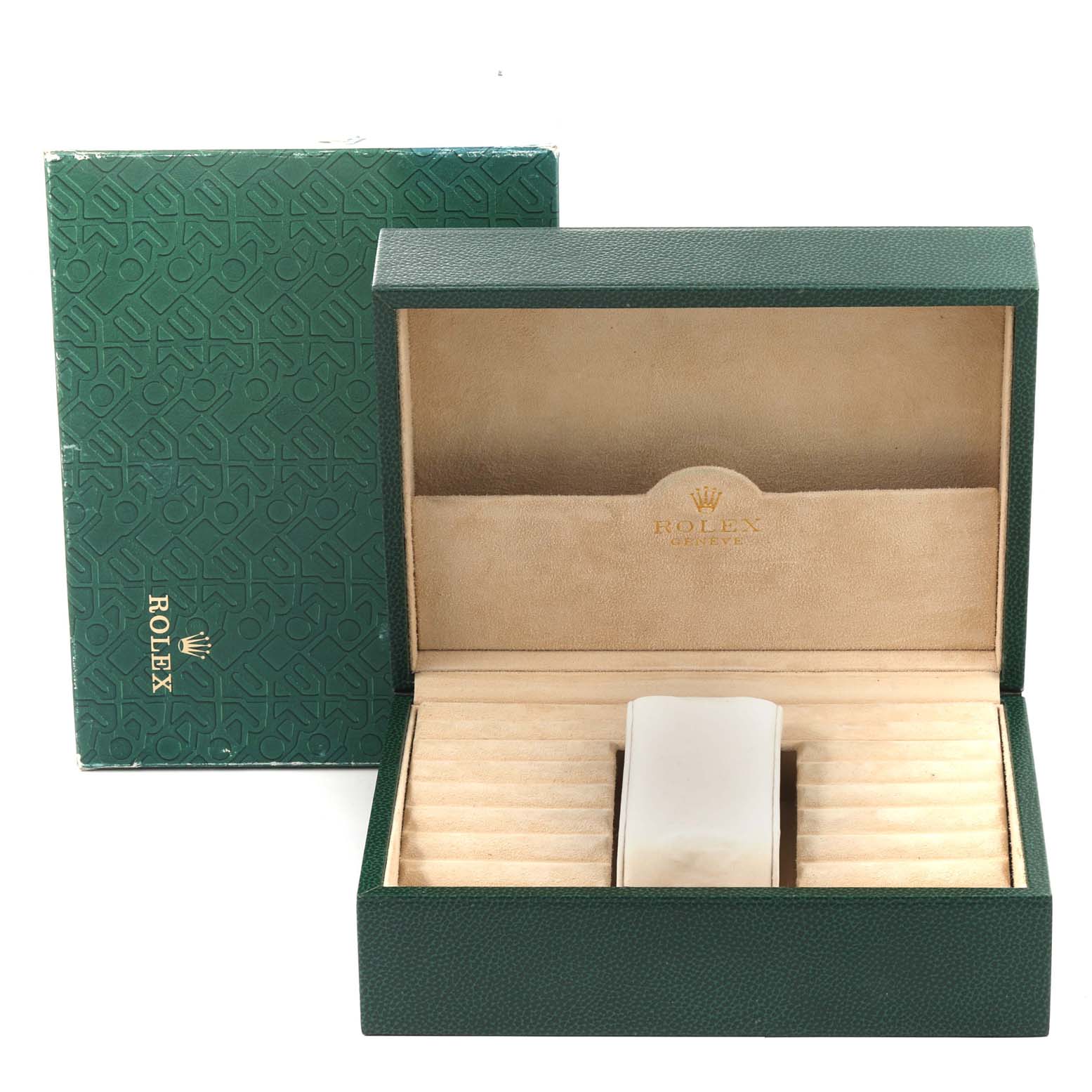 The image shows an open green storage box for the Rolex President 18238 Men
s Yellow Gold Champagne Dial 18238 Men
s Yellow Gold Champagne Dial model watch, with compartments and a cushion for the watch.