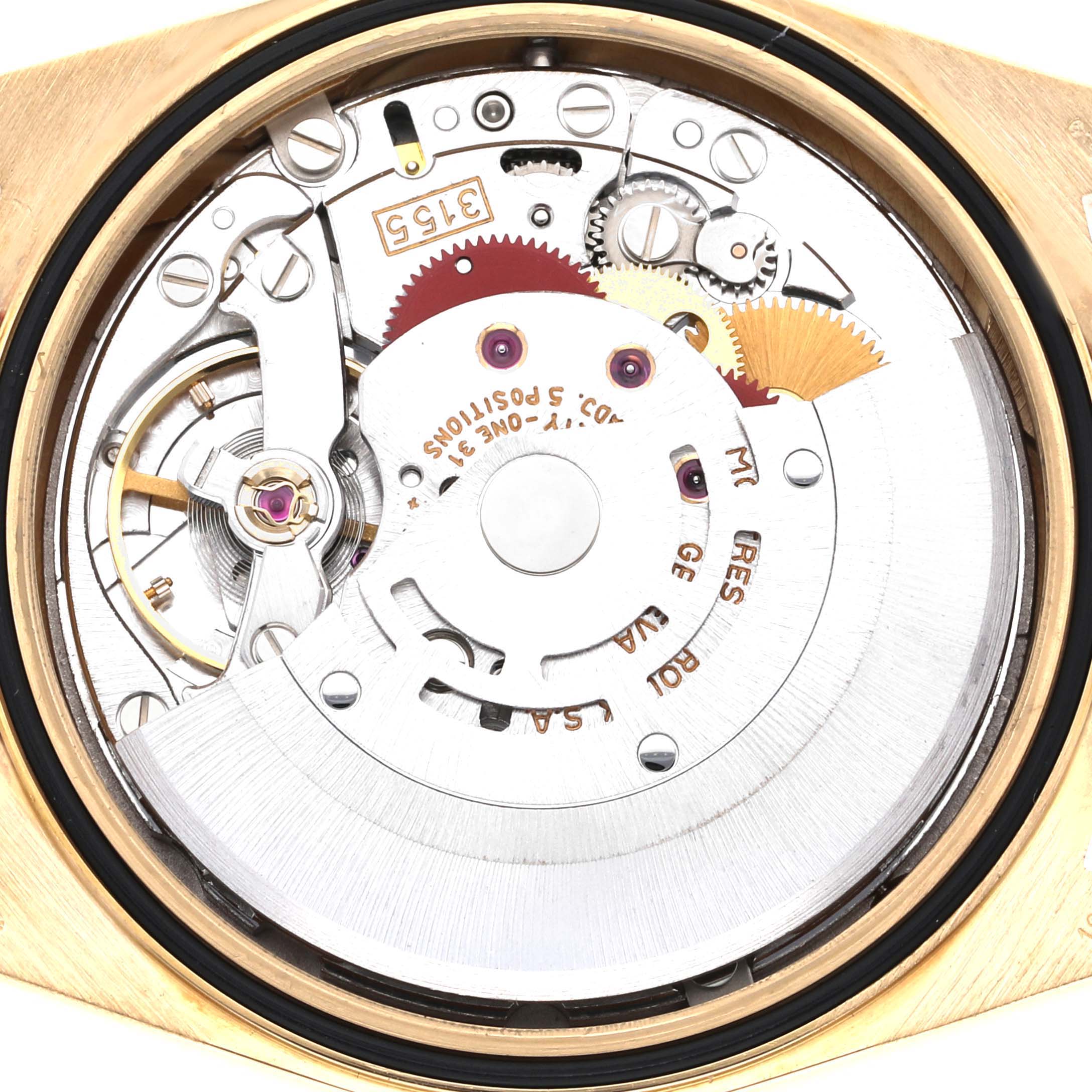 The image shows the internal mechanism of the Rolex President 18238 Men
s Yellow Gold Champagne Dial 18238 Men
s Yellow Gold Champagne Dial model watch, viewed from the back.