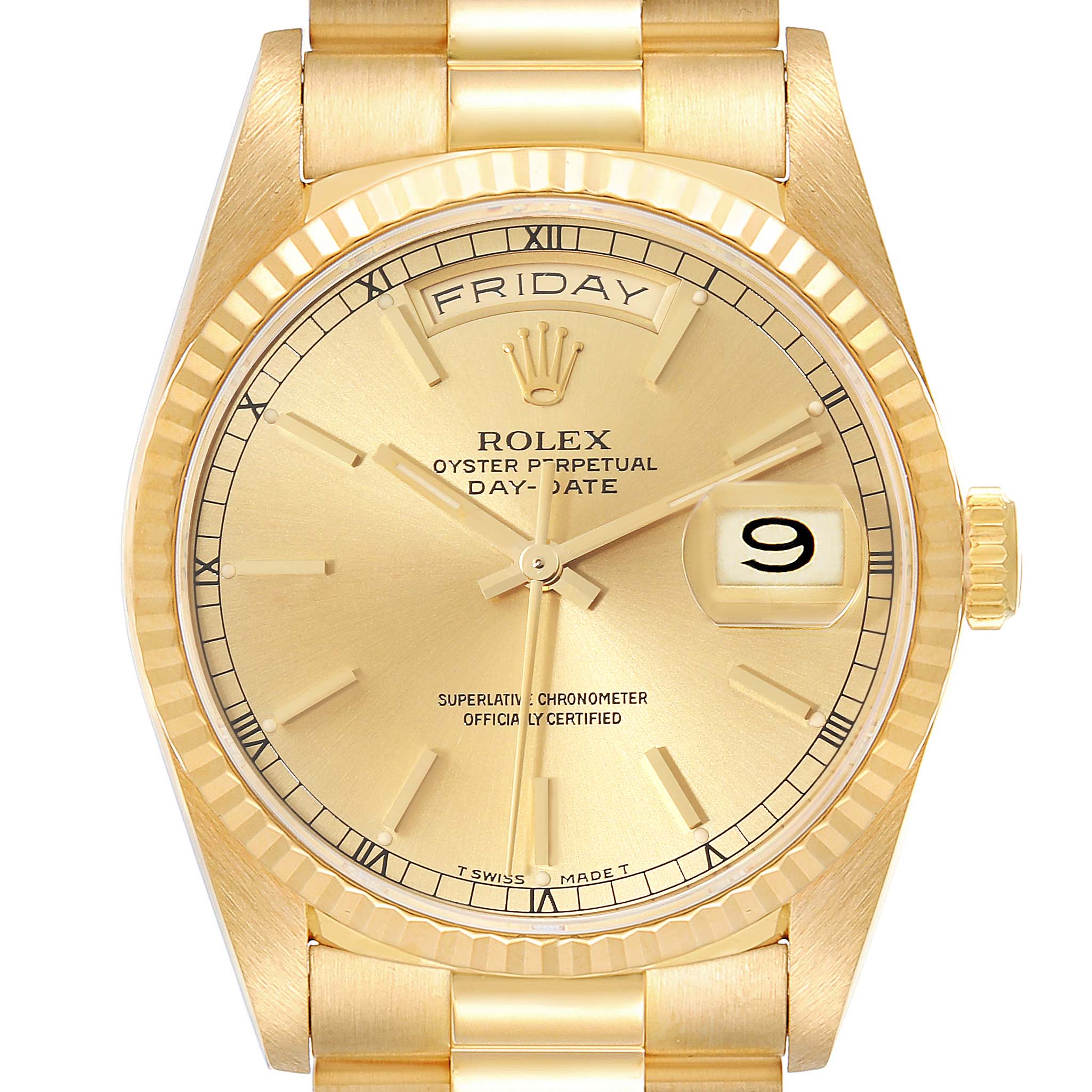 This image shows a front view of the Rolex President 18238 Men
s Yellow Gold Champagne Dial 18238 Men
s Yellow Gold Champagne Dial model watch, highlighting its face, dial, hands, and part of the bracelet.
