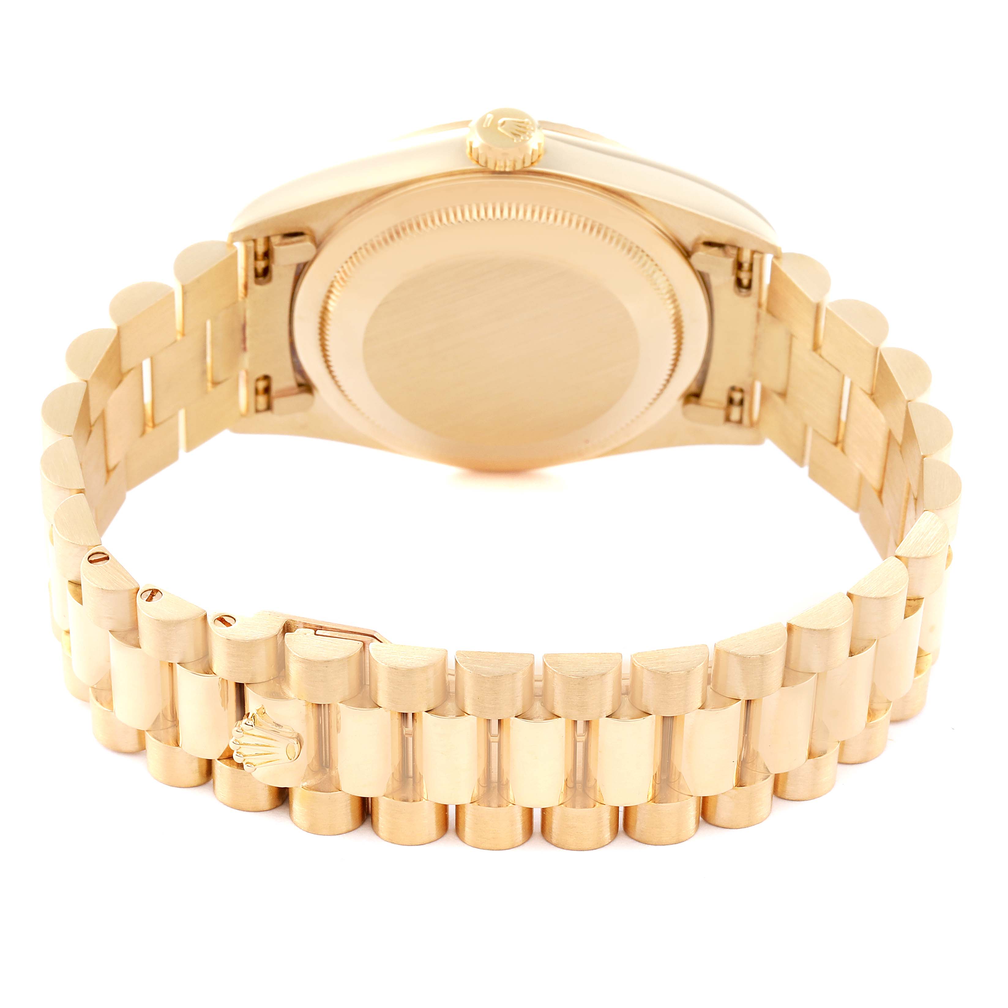 The image shows the back and bracelet of a Rolex President 18238 Men
s Yellow Gold Champagne Dial 18238 Men
s Yellow Gold Champagne Dial model watch, highlighting the clasp and case back.
