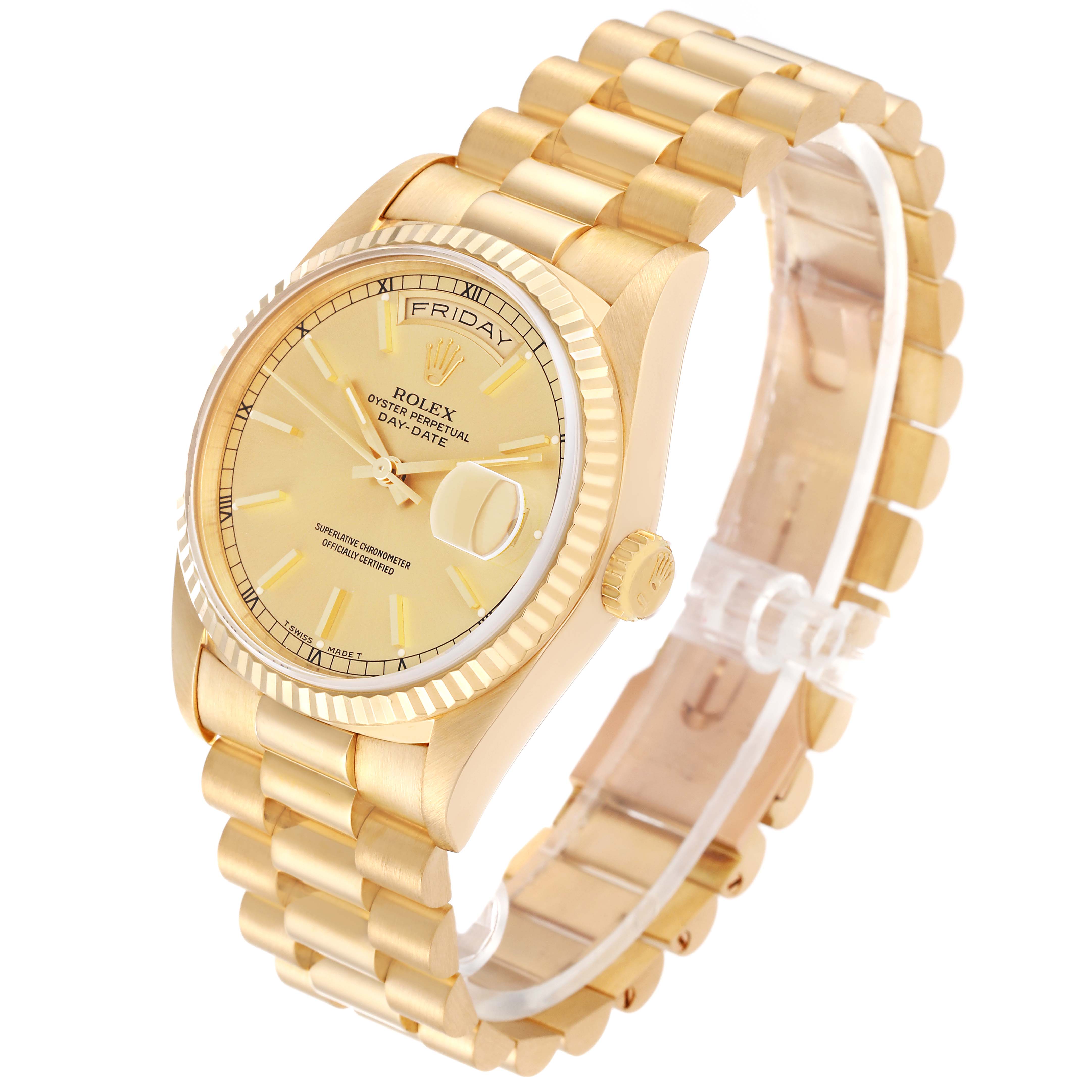 The image shows a Rolex President 18238 Men
s Yellow Gold Champagne Dial 18238 Men
s Yellow Gold Champagne Dial model watch at a three-quarter angle, displaying the dial, bezel, crown, and bracelet.