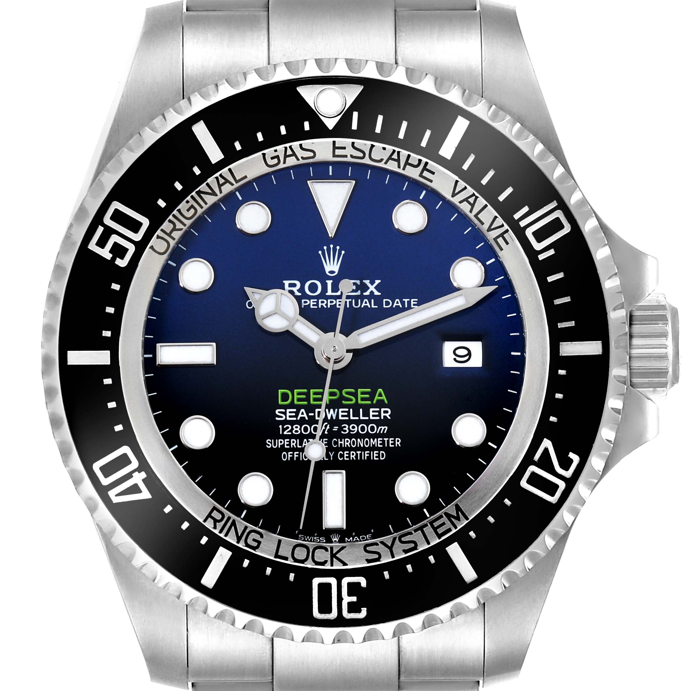 This image shows a front view of the Rolex Sea-Dweller 126660 Men
s Stainless Steel Blue Dial 126660 Men
s Stainless Steel Blue Dial Deepsea watch, highlighting the dial, bezel, and part of the bracelet.