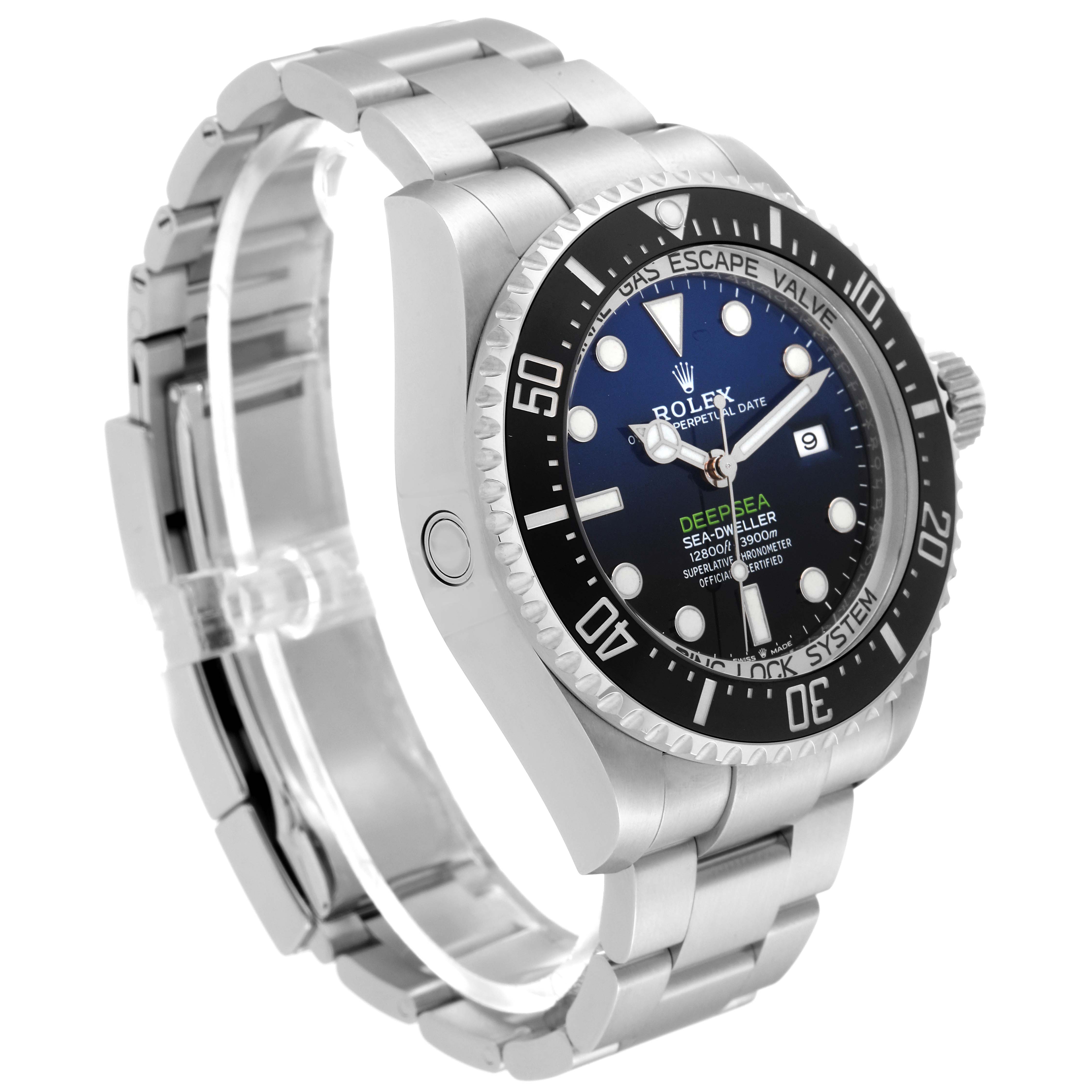This image shows a Rolex Sea-Dweller 126660 Men
s Stainless Steel Blue Dial 126660 Men
s Stainless Steel Blue Dial watch from an angle highlighting the face, bezel, and bracelet.