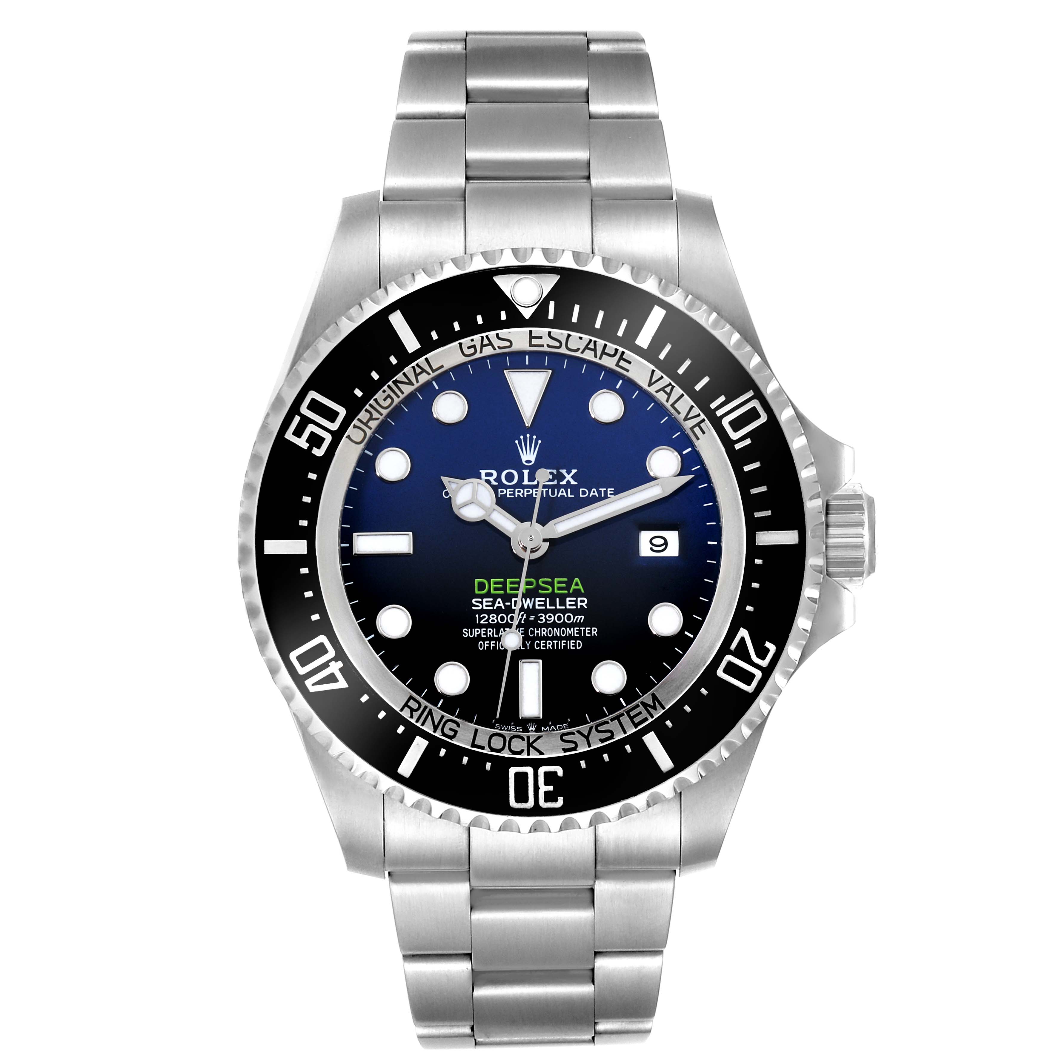 The image shows a Rolex Sea-Dweller 126660 Men
s Stainless Steel Blue Dial 126660 Men
s Stainless Steel Blue Dial Deepsea watch from a front angle, highlighting its dial, bezel, and bracelet.